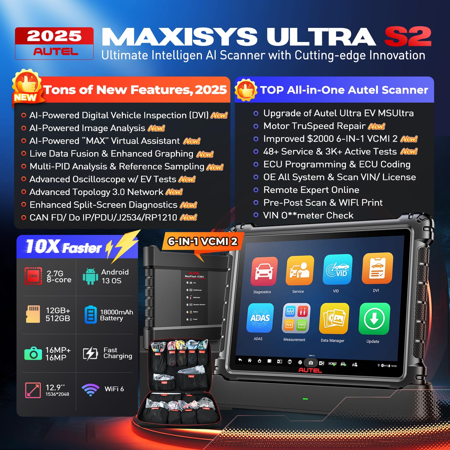 Autel MaxiSys Ultra S2 AI Scanner, 2025 UltraS2 Top Intelligent Scan Tool, Up of Ultra EV MSUltra, 6-in-1 VCMI2, Multi-Point DVI, Topology 3.0, Motor Truspeed, 48+ Services, EV Tests, ECU Programming