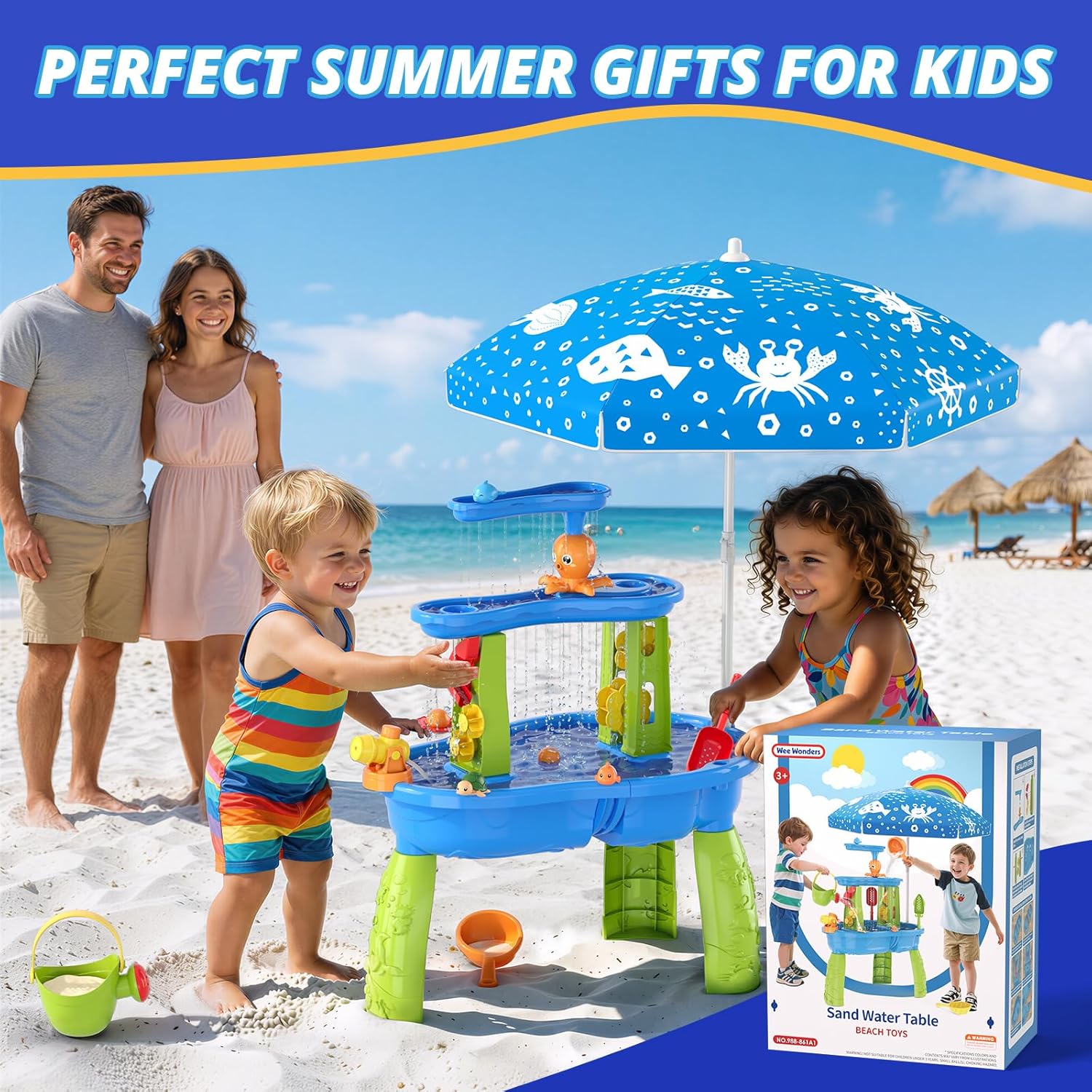 3-Tier Water Table for Toddlers, Kids Sand Water Table with Adjustable Umbrella, Sand Toys & Fishing Game, Sensory Table Activity Playset for Outdoor Beach, Summer Toys for Boys Girls 3-5