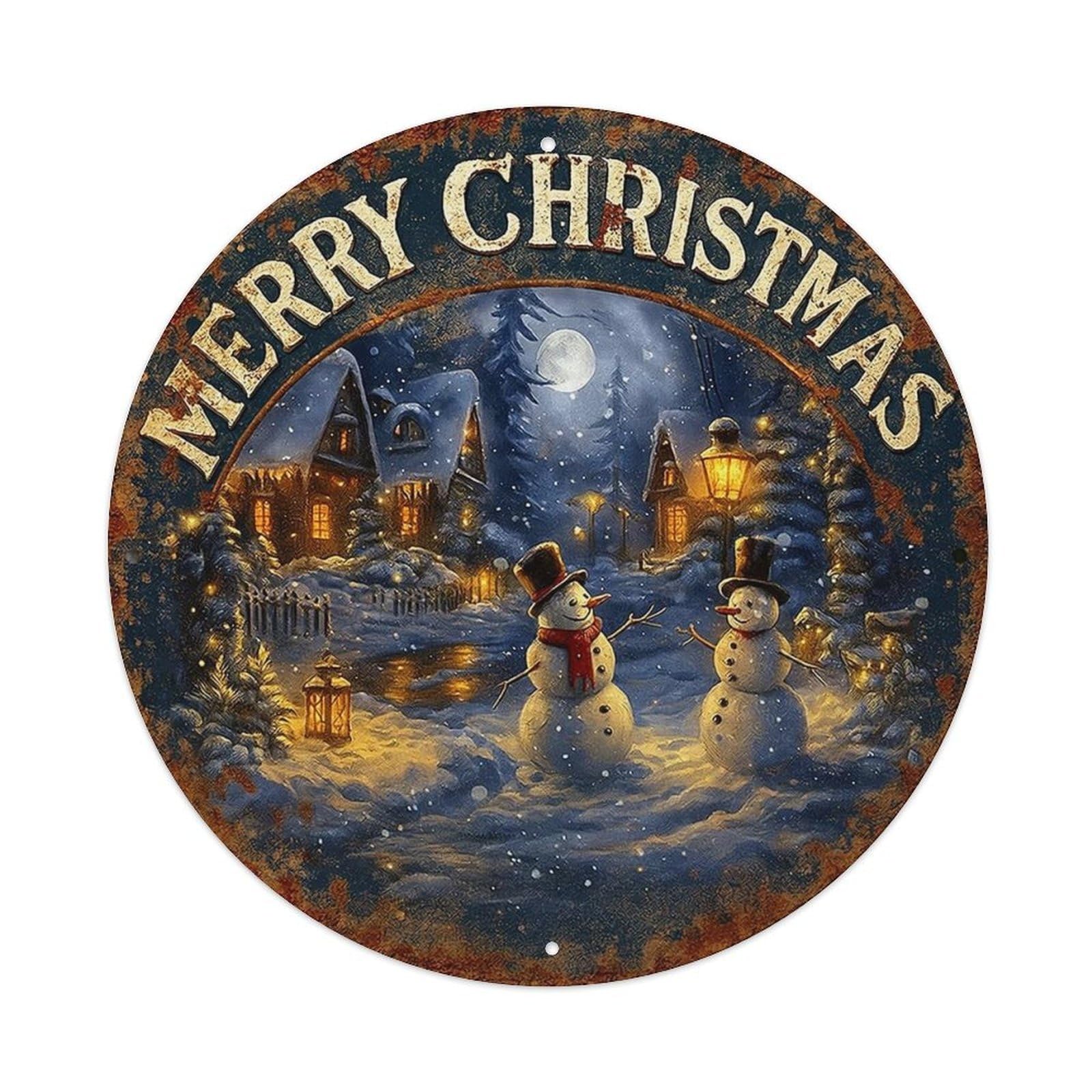 Merry Christmas Snowman Village Night Vintage Round Tin Sign Retro Metal Wall Decor Metal Poster, Home Bar Garage Cafe Wall Art Decoration 8x8Inches