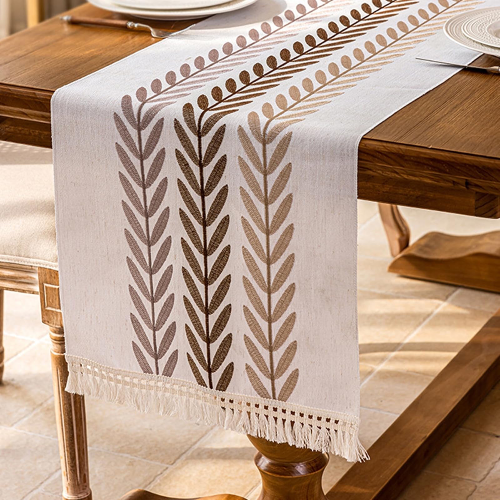 Tischläufer Modern Polyester, Tischläufer Landhausstil 39x160 cm, Leinenoptik mit Blätterstickerei