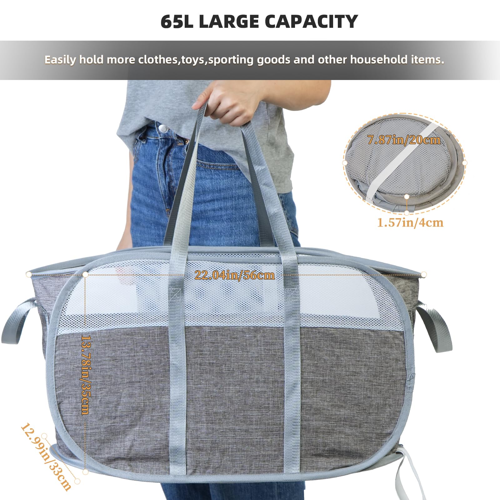 Panier à Linge Pliable KIYOO - 56x33x35cm - Tissu Respirant - Poignées - Noir - Idéal Voyage
