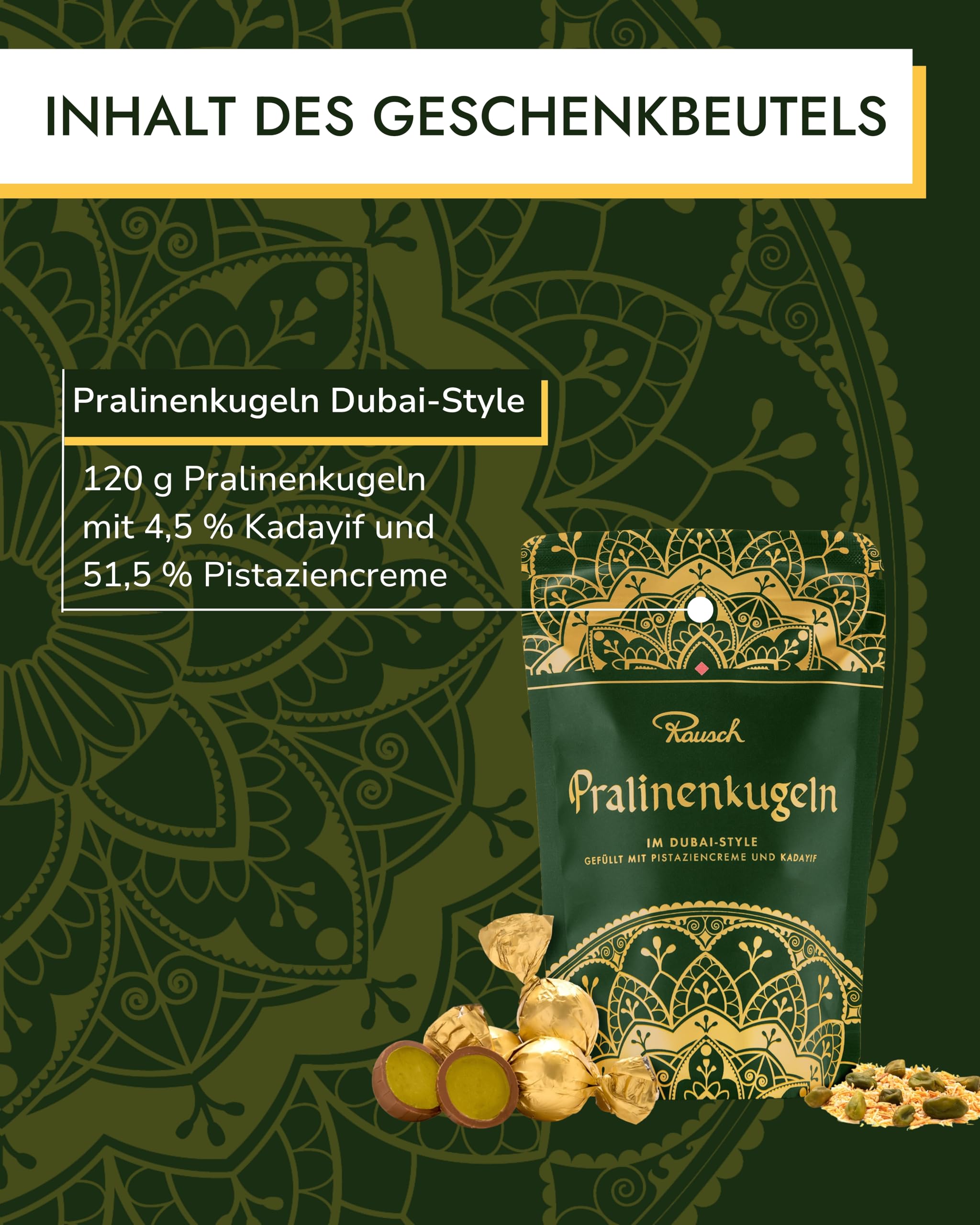 Rausch Pralinenkugeln Dubai Style – Dubai Pralinen mit zartschmelzender heller Schokolade, cremiger Pistazienfüllung und knusprigem Kadayif – 120g Packung mit 12 edlen Pistazien Pralinen