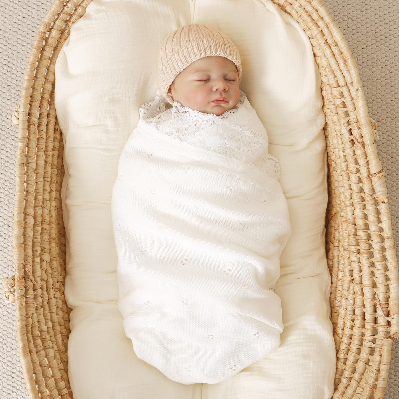 Hadetoto Coperta per neonati in morbido cotone lavorato a maglia all'uncinetto, coperta cellulare essenziale per neonati, ragazze e ragazzi, 82 x 102 cm (bianco)