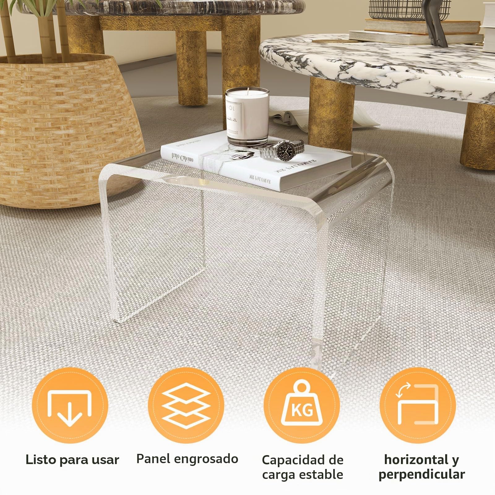 Mesa de extremo de acrílico transparente,Mesa auxiliar en forma de U con bordes redondeados,elegante mesa de centro moderna pequeña,Bancos de ducha,Taburete de acrílico,Taburete de pie transparente