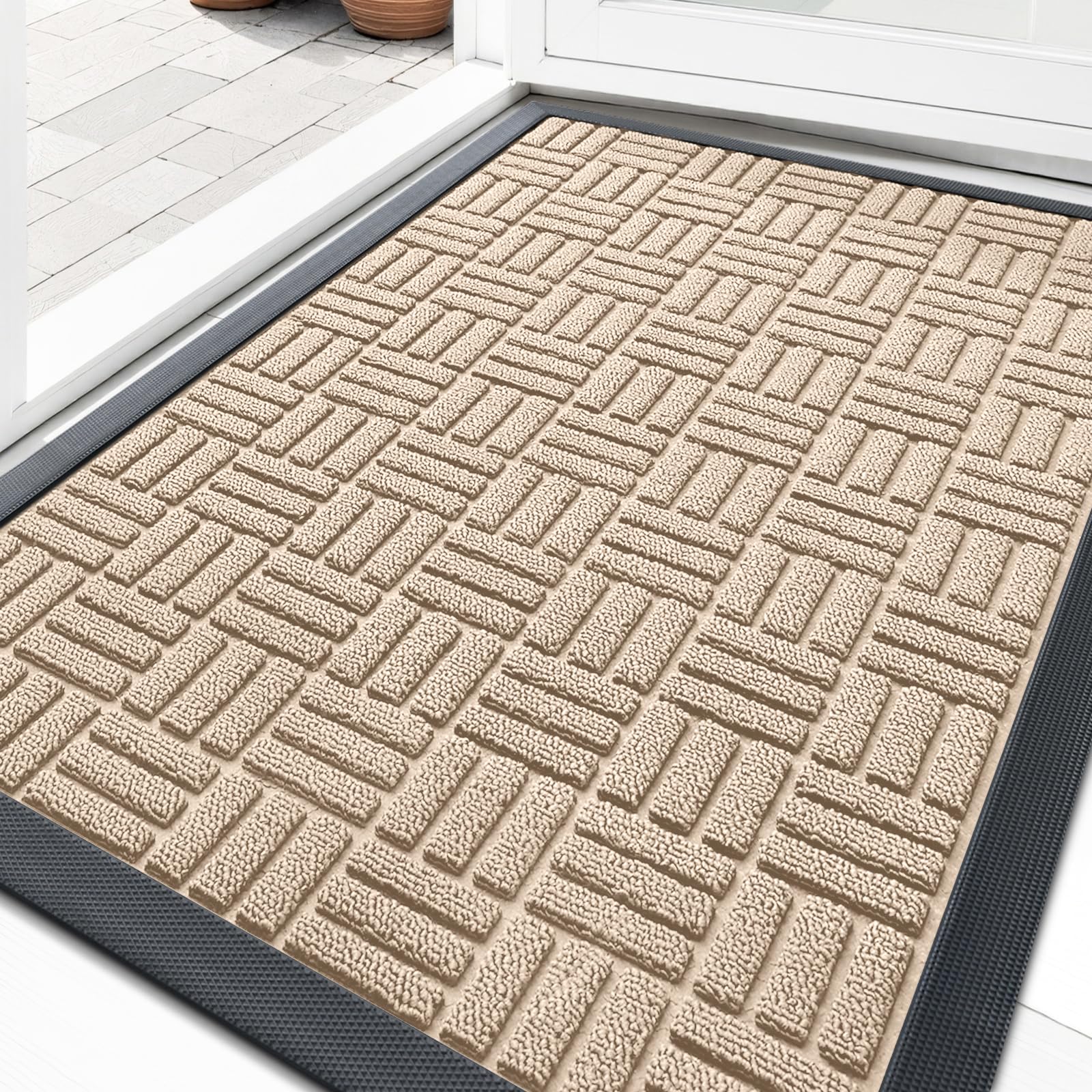OLANLY Front Door Mat Outside Entrance 29.5x17, Heavy-Duty Rubber Doormat | Latte White, Stain and Fade Resistant, Non-Slip Backing, Low-Profile Indoor Outdoor Floor Mat for Entryway, Easy to Clean