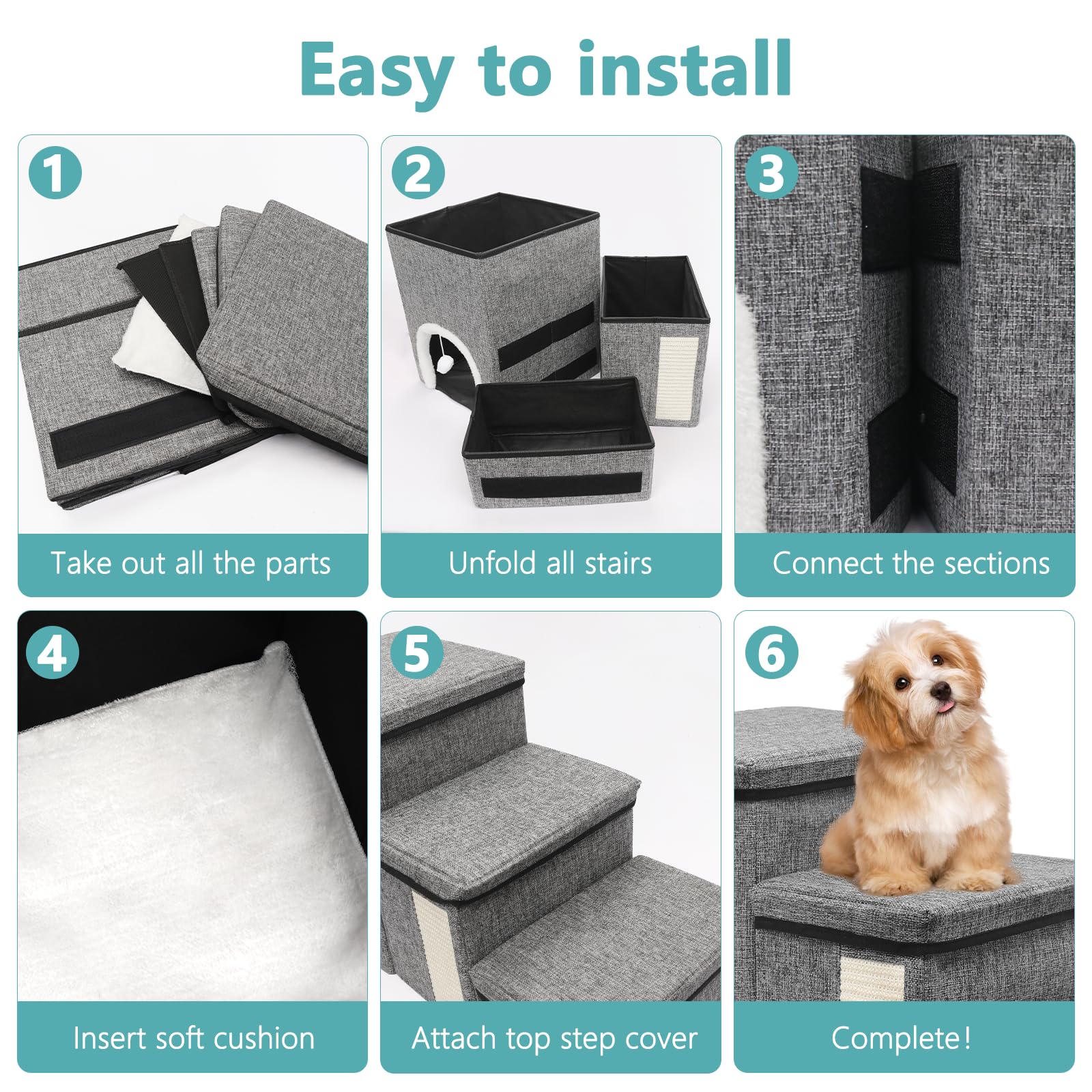 Newthinking Escalera para Perros 3 Niveles, Plegable con Almacenamiento, Antideslizante para Sofá y Cama, para Gatos y Perros Mayores, 20 kg