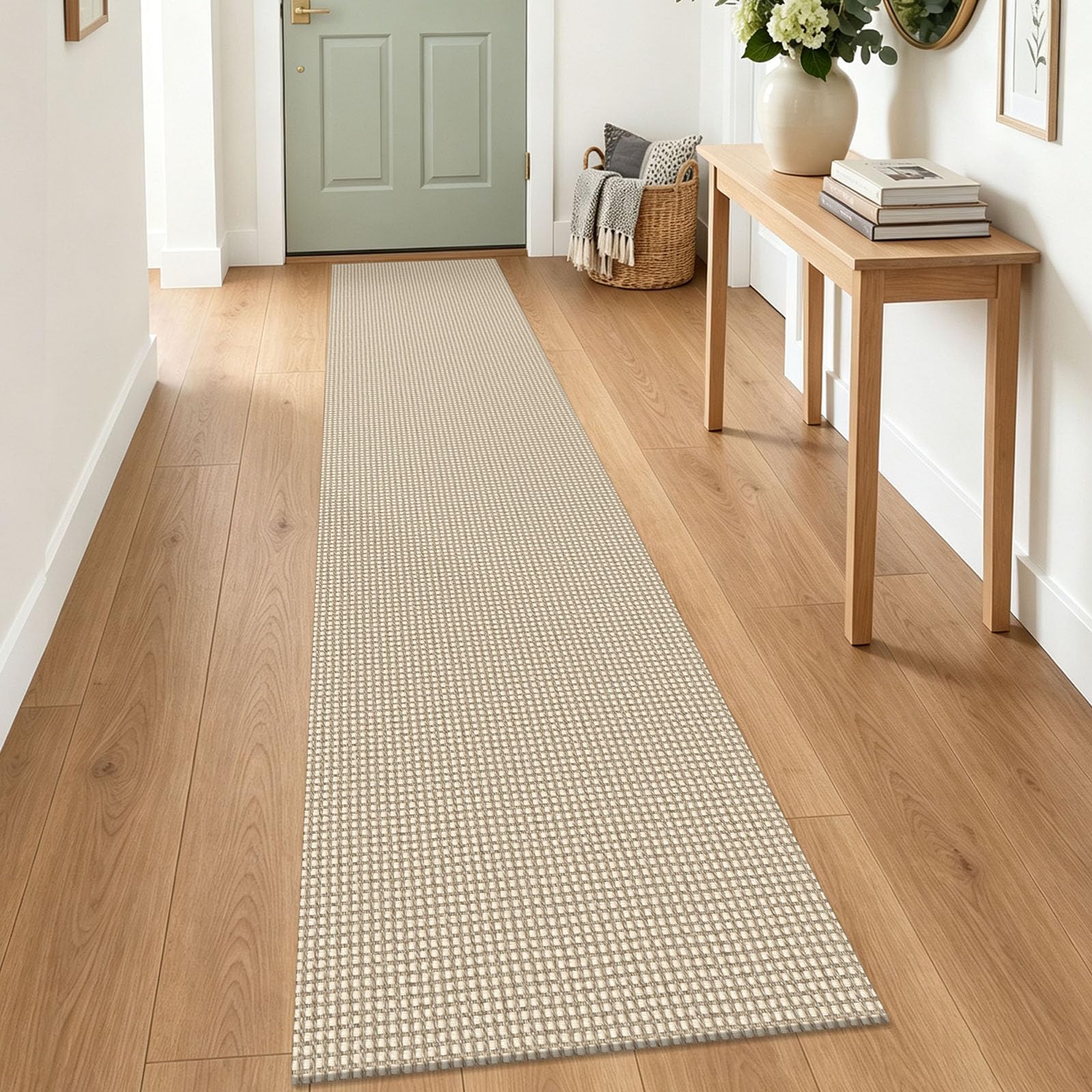 IOHOUZE Washable Runner Rug 2x9 Non Slip Rubber Backed Hallway Runner Entryway Runner Indoor, Kitchen Rugs Woven Cotton Floor Carpet for Kitchen Hall Entrance Bedroom, Cream/Beige