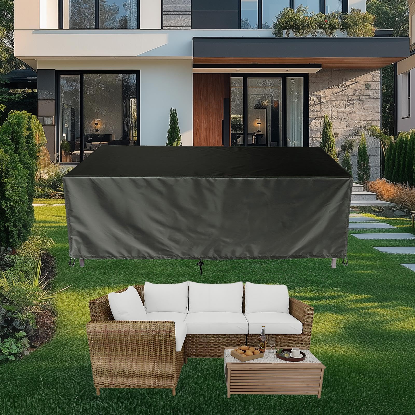 LSYALUCK Patio Furniture Covers, Heavy Duty Patio Sofa Cover Waterproof, 85x60x50cm/LxWxH 420D Heavy Duty Waterproof Rectangle Table Cover, General Purpose, Outside Table and Chair Covers