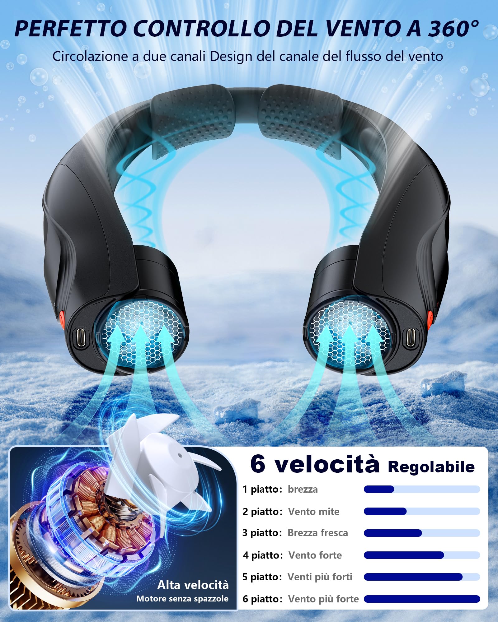 Tomatofrydan Ventilatore da collo portatile, 6000 mAh, 6 velocità, ventilatore a collo portatile, con flusso d'aria a 360°, mani libere, ventilatore USB personale (nero)