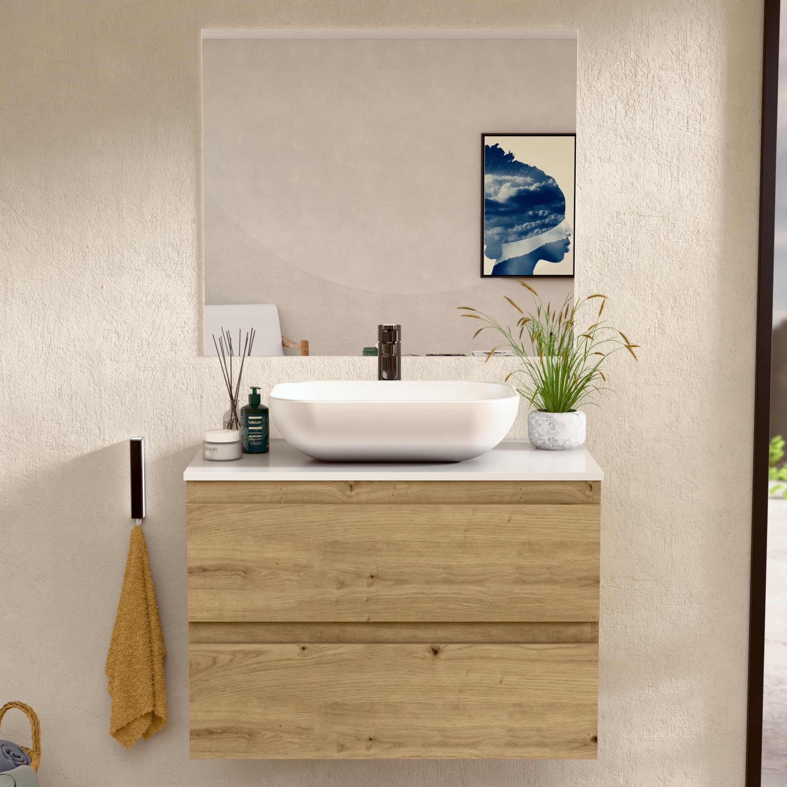 BELLOBATH - Meuble Salle de Bain avec Lavabo en Céramique et Miroir, Meuble de Rangement Salle de Bain, 2 Tiroirs 80 x 55 x 46 cm, Meuble Chêne/Blanc
