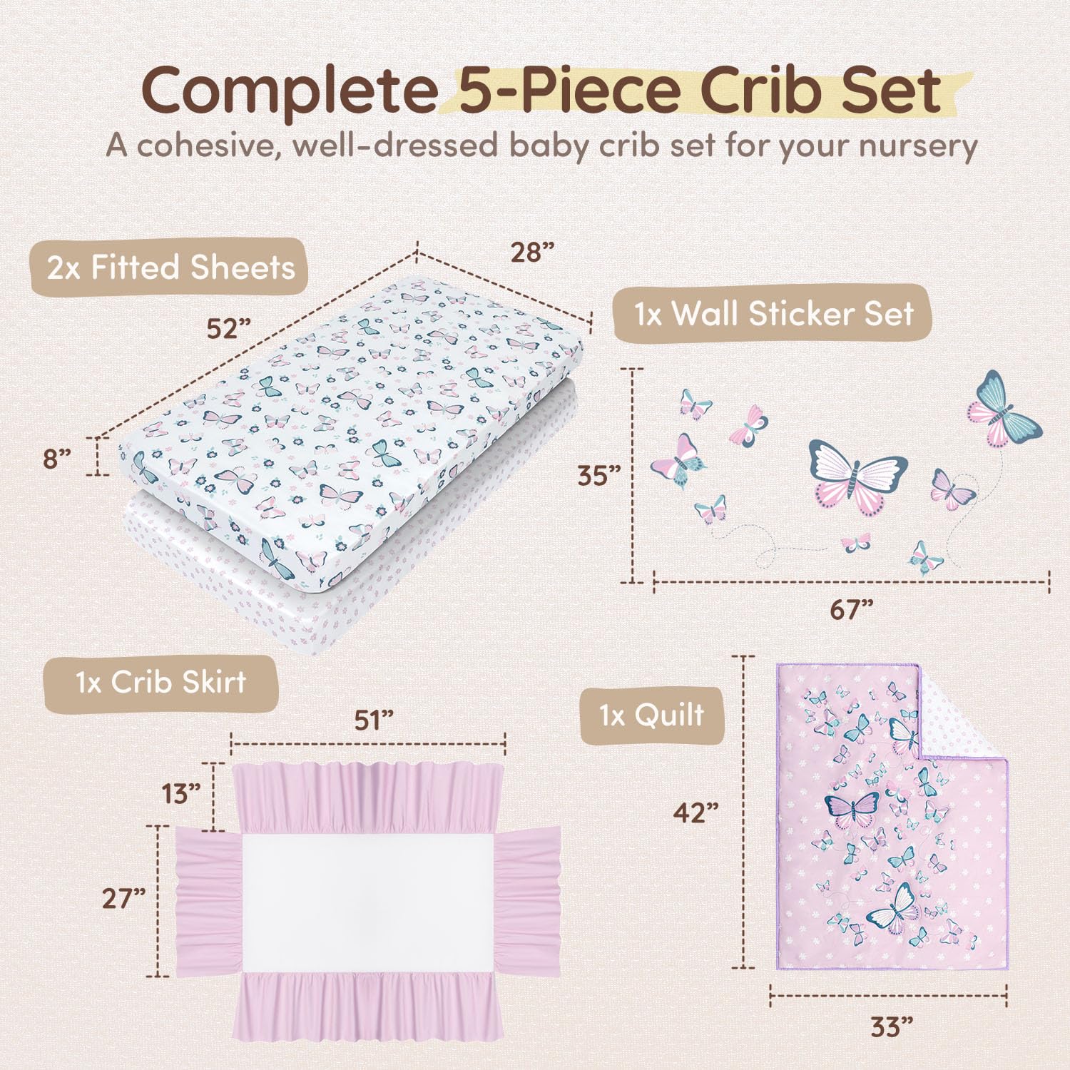 Juego de ropa de cama de mariposa para cuna para niñas, 5 piezas, incluye manta de bebé, 2 sábanas para cuna, falda de cuna y adhesivo de pared de mariposa morada, blanco y rosa,