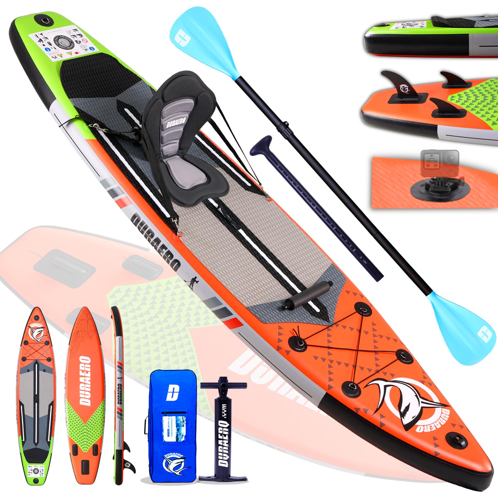 Stand up Paddle Board Aufblasbare SUP Board Set, 330x76x15cm, 3 abnehmbare Flosse, Kajak Sitz, Verstellbares Doppel-Paddel, Cam Halterung, Komplettes Zubehör, Tragkraft bis 150kg, Rot