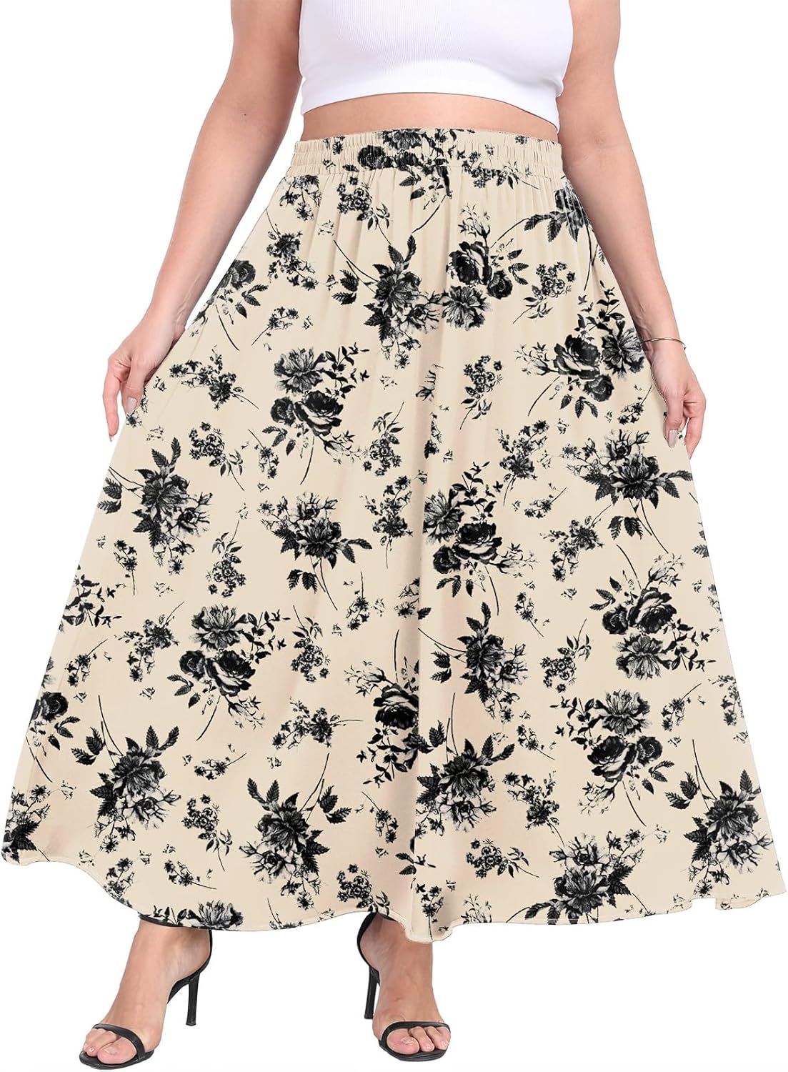 Lastshe Plus Size Maxi Skirt for Women Casual Elastic High Waist Boho Flowy A-line Spring Long Skirts with Pockets - Image 4