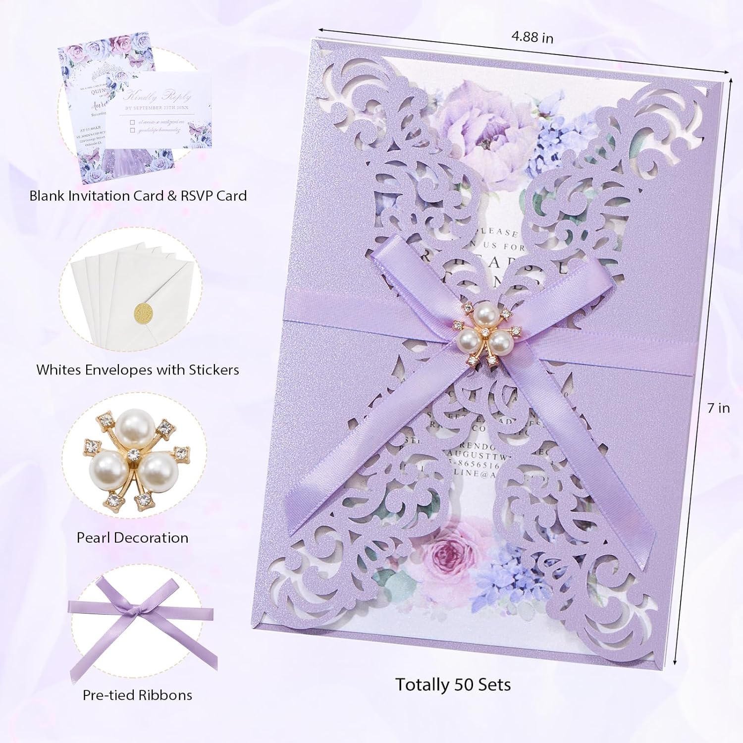 50pcs Purple Wedding Invitations with Envelopes and Rsvp Cards, Blank Inner Sheets, Pearls and Ribbons for Wedding Baby Shower Quinceañera Birthday Holiday Party Invites