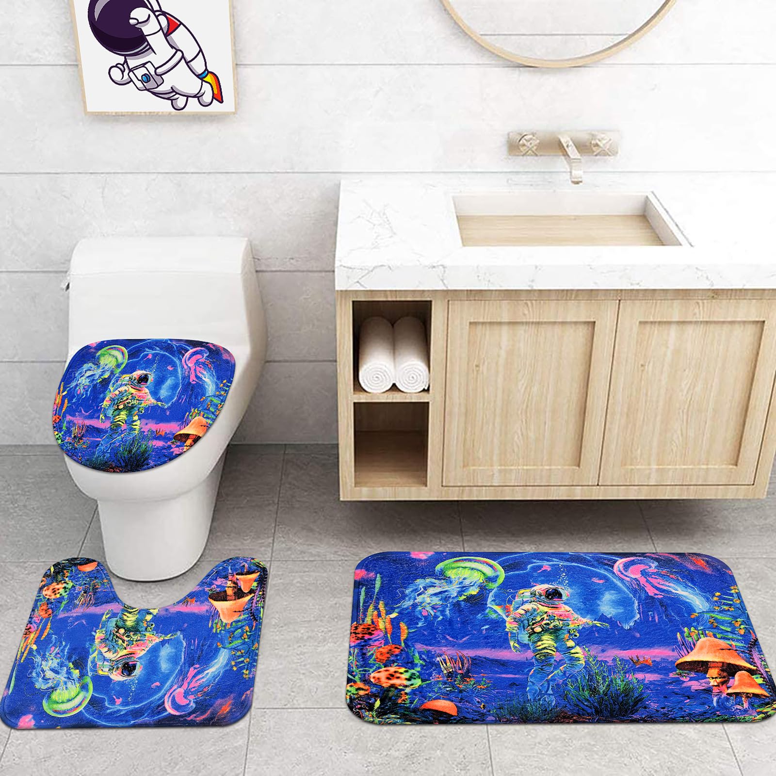 Alishomtll 4-teiliges UV-reaktives Badezimmer-Set – Astronaut & Pilz Duschvorhang Mit Teppichen, Leuchtet Unter Schwarzlicht, Für Kinder & Jungen