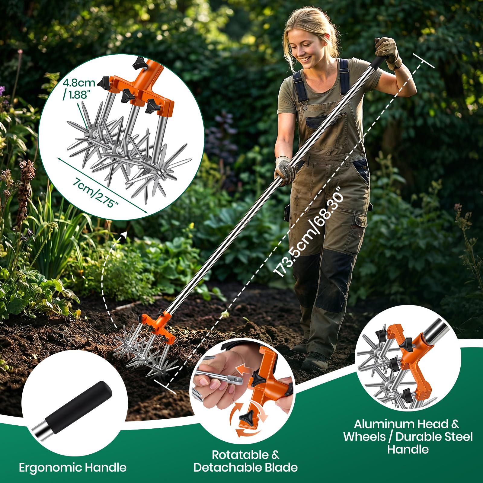 Kreiselgrubber, Garten Kultivator mit Einziehbarer 173cm-Langstiel Sternfräse Garten mit Abnehmbaren Zinken Edelstahl Gartengrubber Rotary Cultivator Garden Rotary Tiller zur Bodenmischung
