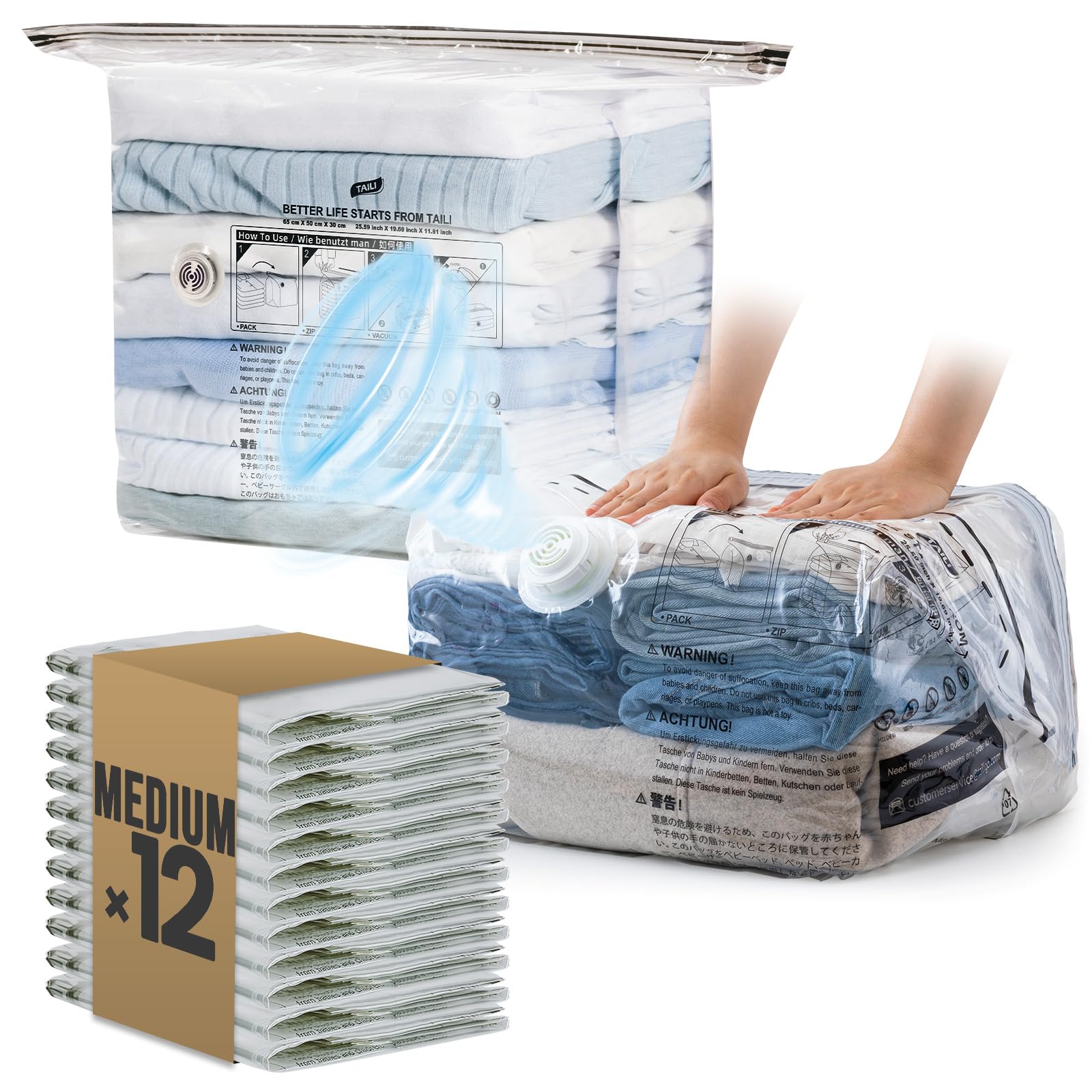 TAILI 12 Pack Sacchetti Sottovuoto Cubo, Formato Medio(48x27x65cm) | sacchetti di compressione senza pompa per coperte, vestiti per neonati, soluzione salvaspazio per lo stoccaggio domestico