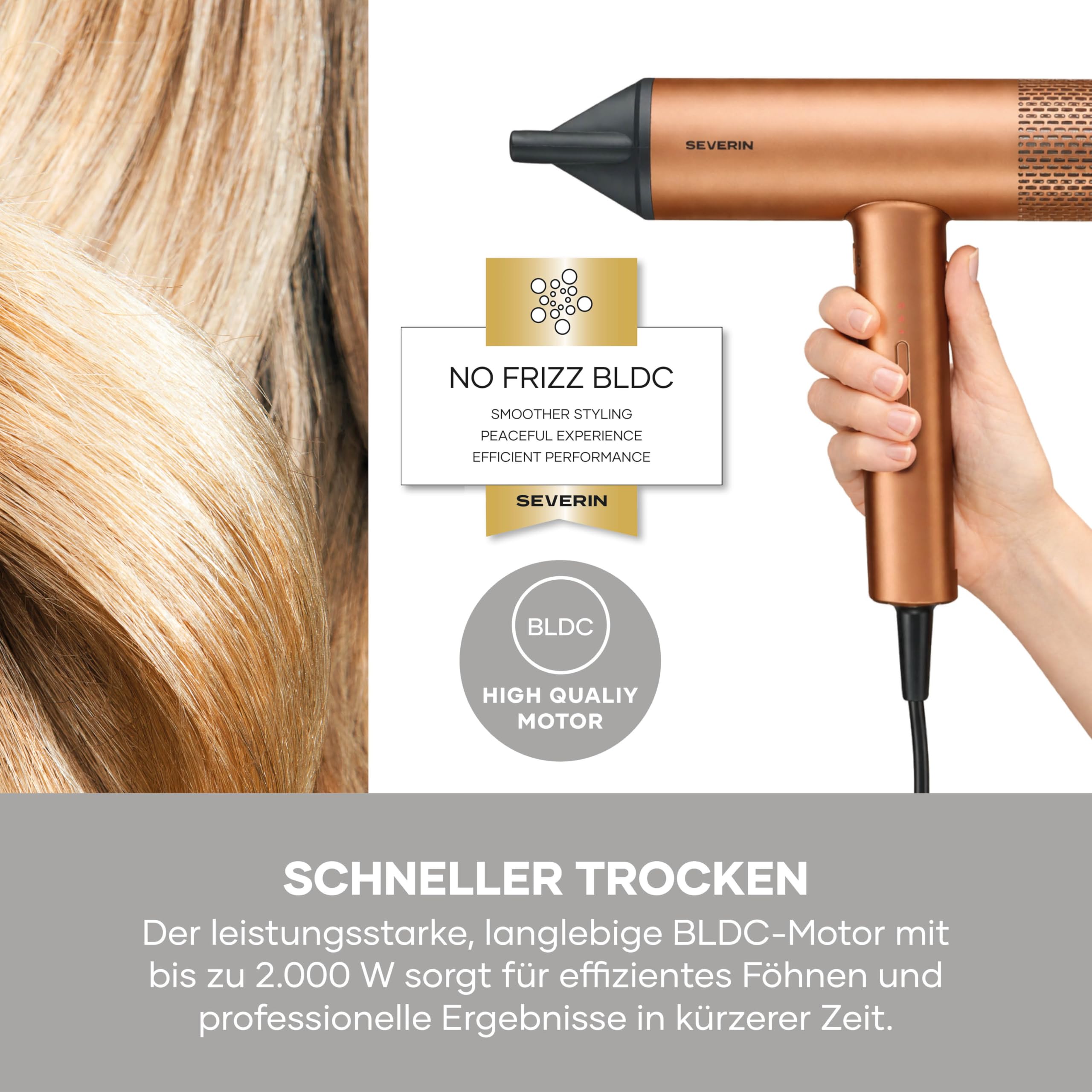 Severin HT 0172 Sèche-cheveux ionique avec anti-frisottis, concentrateur, diffuseur, coiffage doux, 3 niveaux de température et 3 niveaux de puissance, niveau froid, câble de 2,8 m, style S, 2000 W