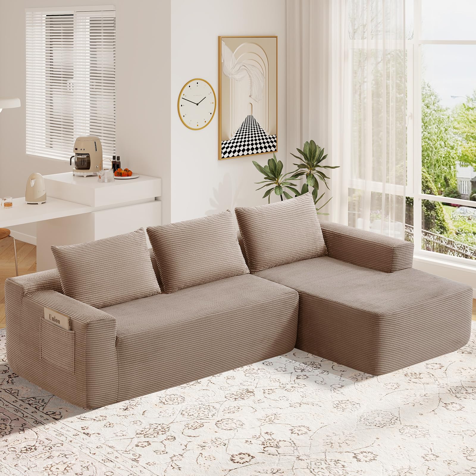 97 L Shaped Boneless Couches fo Living Room Modular Sectional Sofa Camel Corduroy Compression Couches for Small Spaces