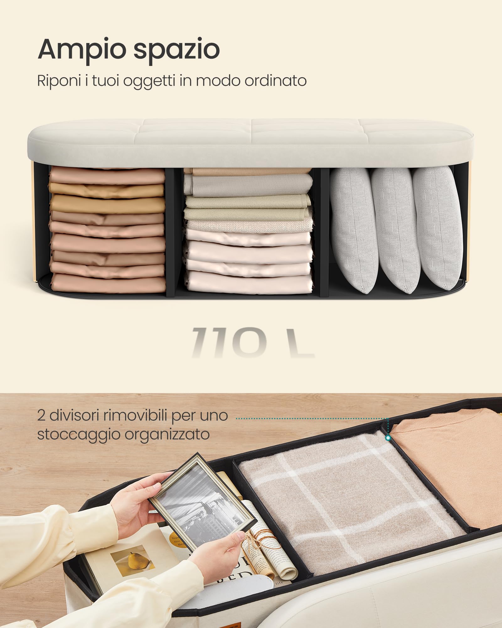 SONGMICS Cassapanca, Pouf Contenitore, Poggiapiedi Pieghevole, Montaggio Facile, per Soggiorno, Ingresso, Camera da Letto, in Velluto, Capacità110 L, 38 x 110 x 38 cm, Bianco Crema LSF297LH01