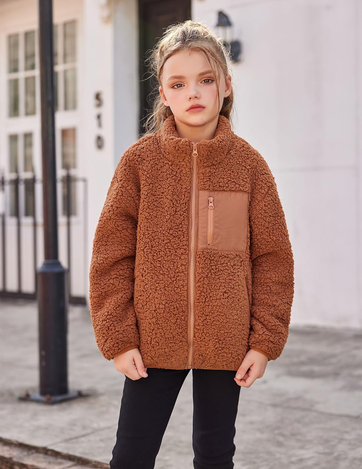 Arshiner Girls Fleece Jacket Sherpa Fall Winter Full Zip Fuzzy Coat Outwear with Pockets - Image 4