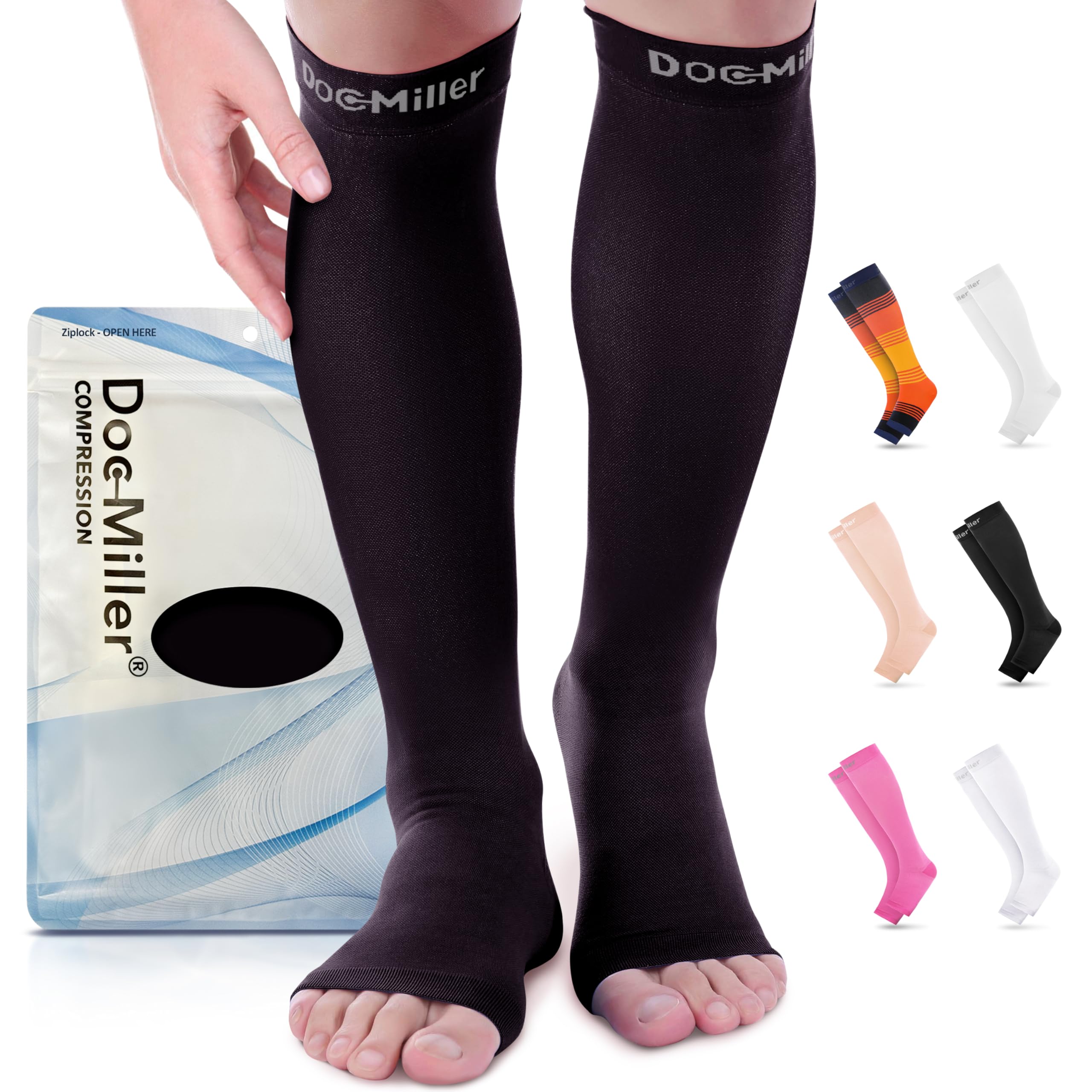 Doc Miller, Open Toe Compression Socks, 8-15 mmHg, Toeless, Support Circulation, Shin Splints, Calf Recovery, Varicose Veins, Knee High, Medical Grade