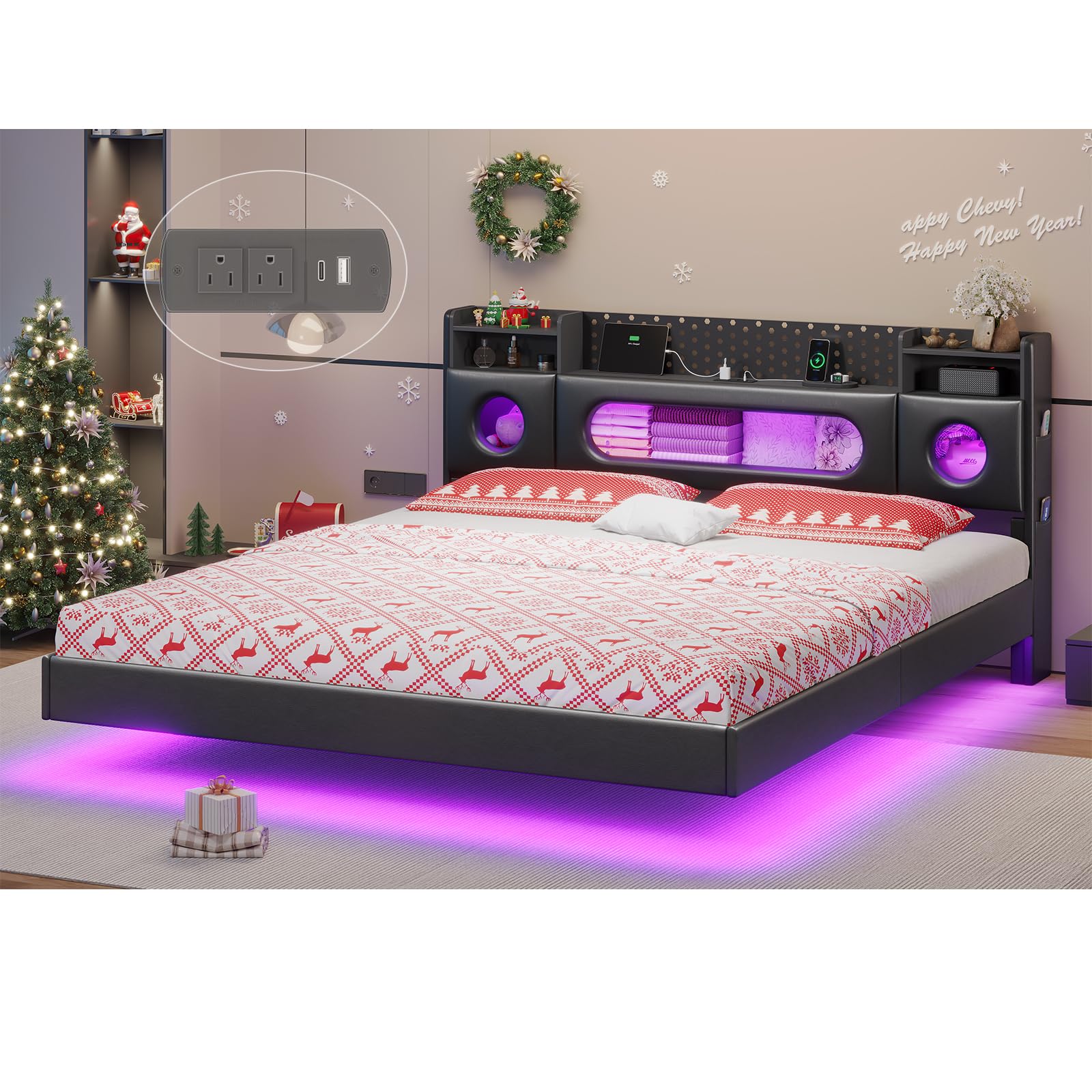 California King Bed Frames with Hidden Storage Headboard Modern Floating Bed Frame with LED Lights Charging Station USB-C