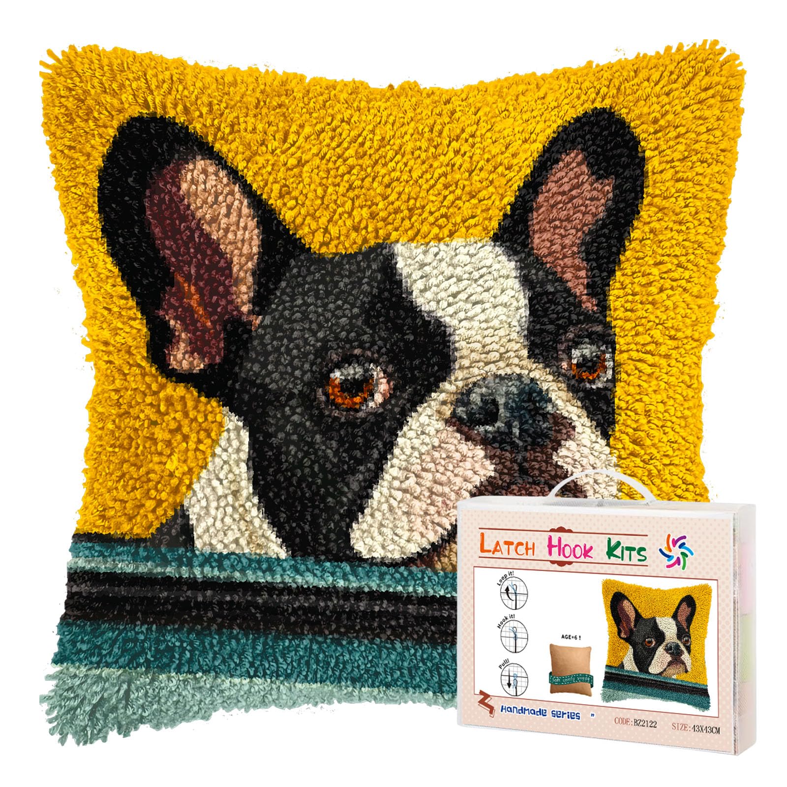 DIY Latch Hook Pillow Kits for Adults Cute Boston Terrier Dog in Car Printed Pillowcase Crochet Yarns Hooking Handmade Pillow Cover Cushion for Home Sofa Decoration 17x17inch(3)