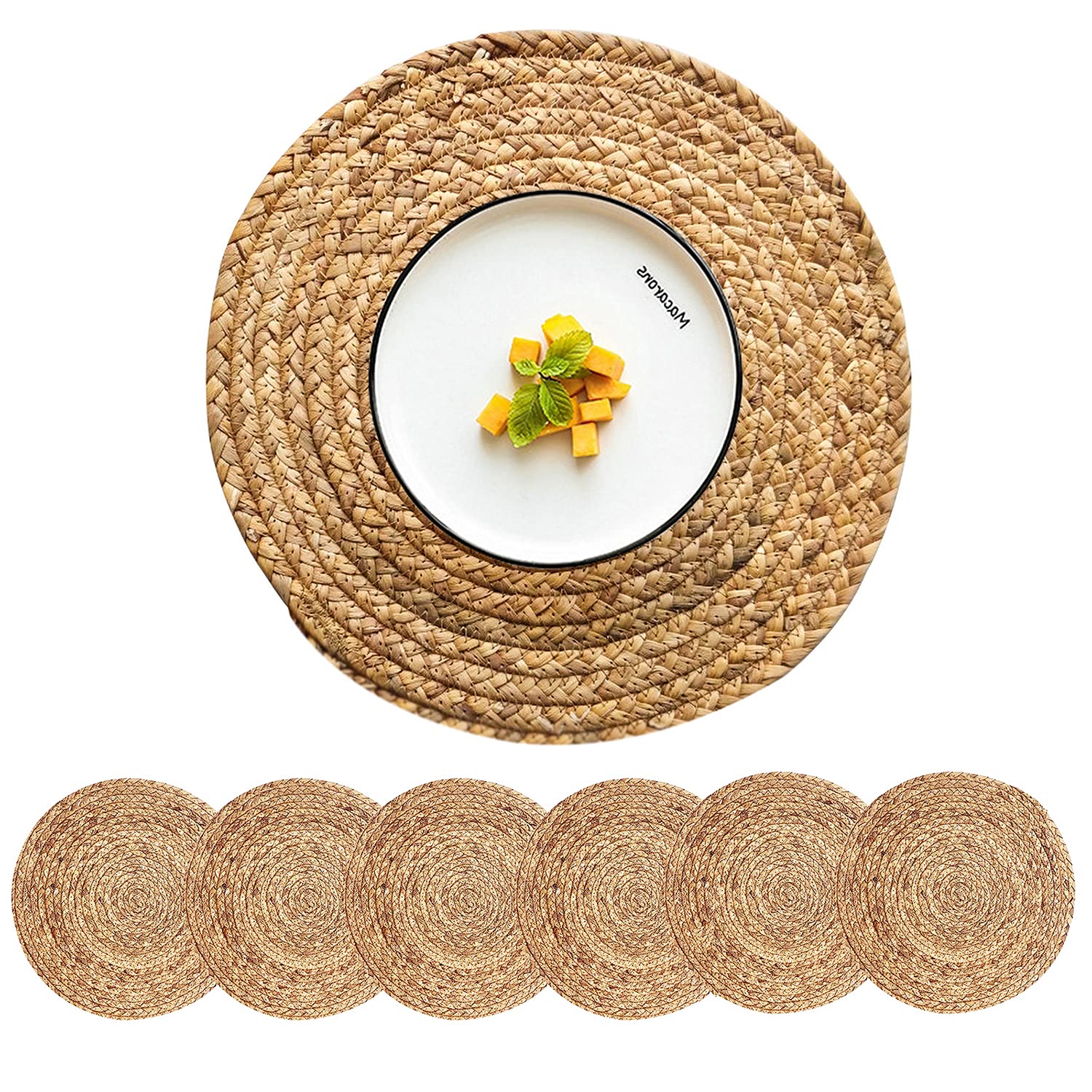 CY SISTERS Woven Placemats for Dining Table Set of 6, 100% Natural Water Hyacinth Rustic Round Placemats Farmhouse Table Mats Rattan Wicker Placemats Hand Braided Place Mats for Indoor Outdoor, 13.4“