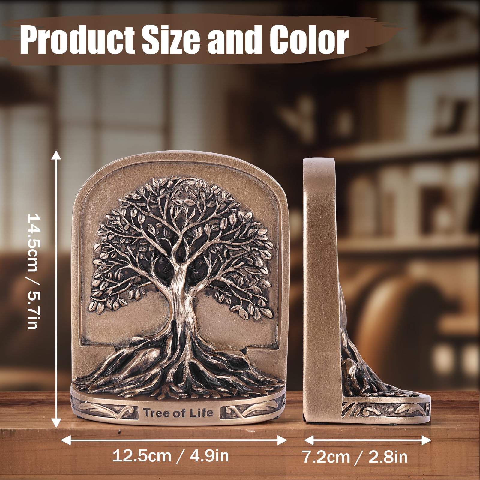Set di 2 fermalibri decorativi con albero della vita, color bronzo antico, per scaffali o librerie, resistenti e antiscivolo, per mensole da scrivania, biblioteche e ufficio, regalo per la casa