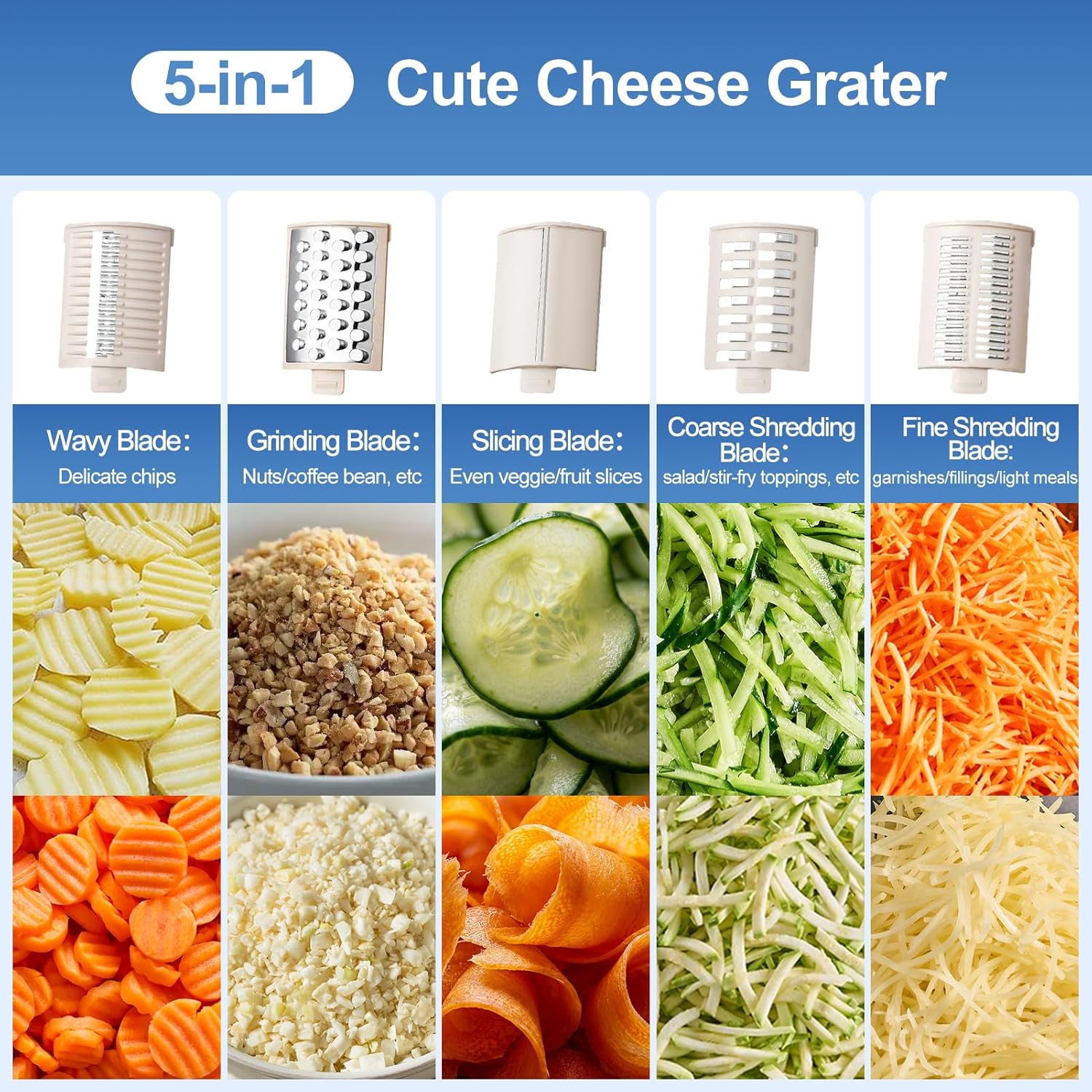 Kawu 5-in-1 Electric Cheese Grater Vegetable Cutter, Vegetable Slicer Machine with Large Feed Chute, Knob Control, Built-in Storage, Veggie Food Dicer Shredder Stainless Steel Blades for Home, Kitchen