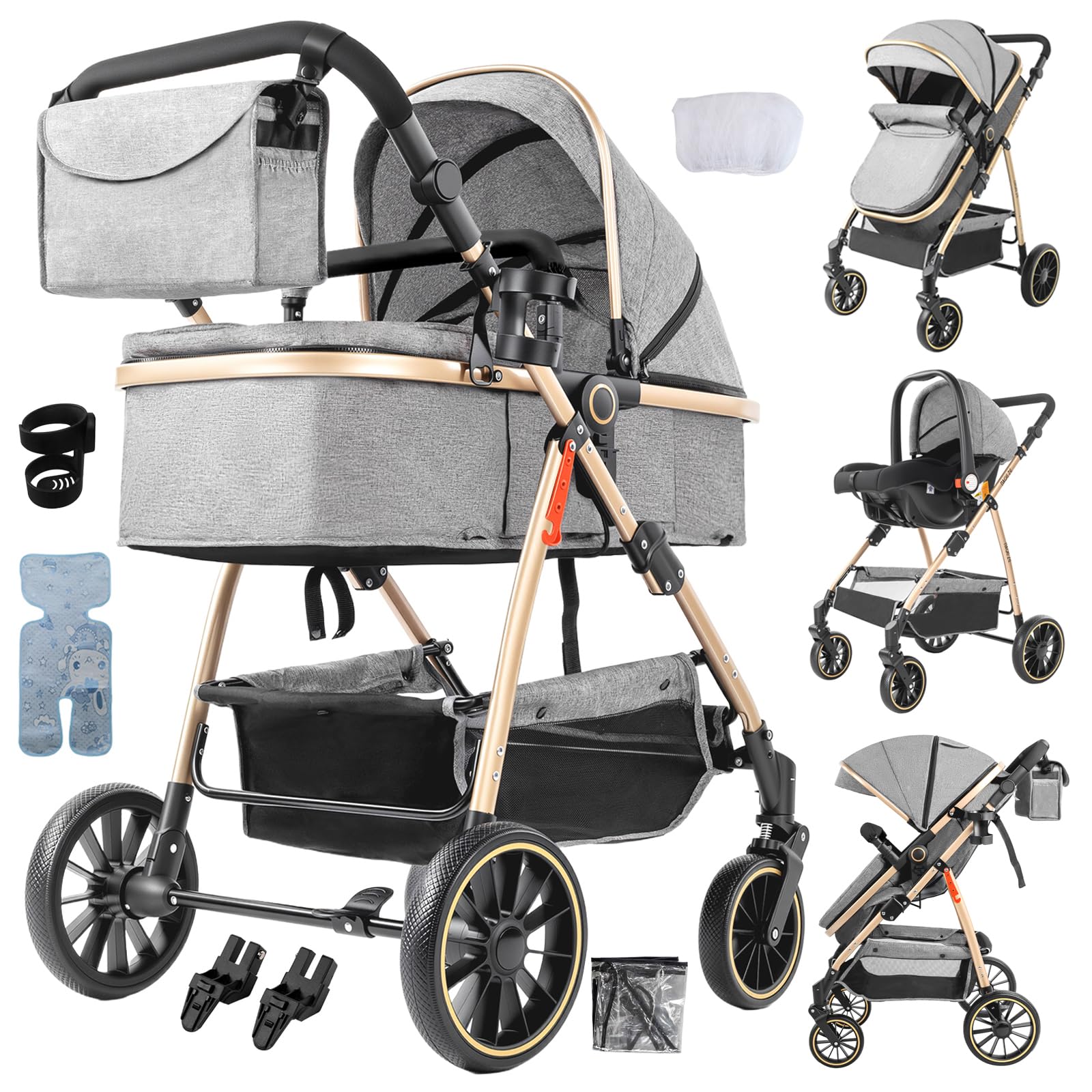 Aveainelle 3 in 1 Baby Travel System with Anti-Shake Bassinet, Convertible Pushchair and Baby Carrycot, High-View, Shock Absorption, Aluminium Frame, for Birth to 36 Months (Grey)