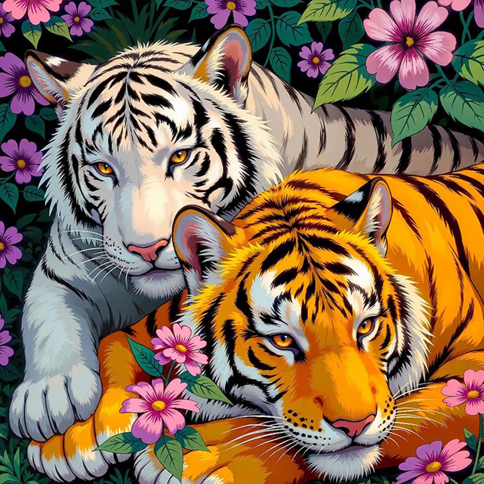 Poetrydraw Two Tigers In Bloom 5D Diy Diamond Art Kit 17.72X17.72inch For Beginners & Home Decor