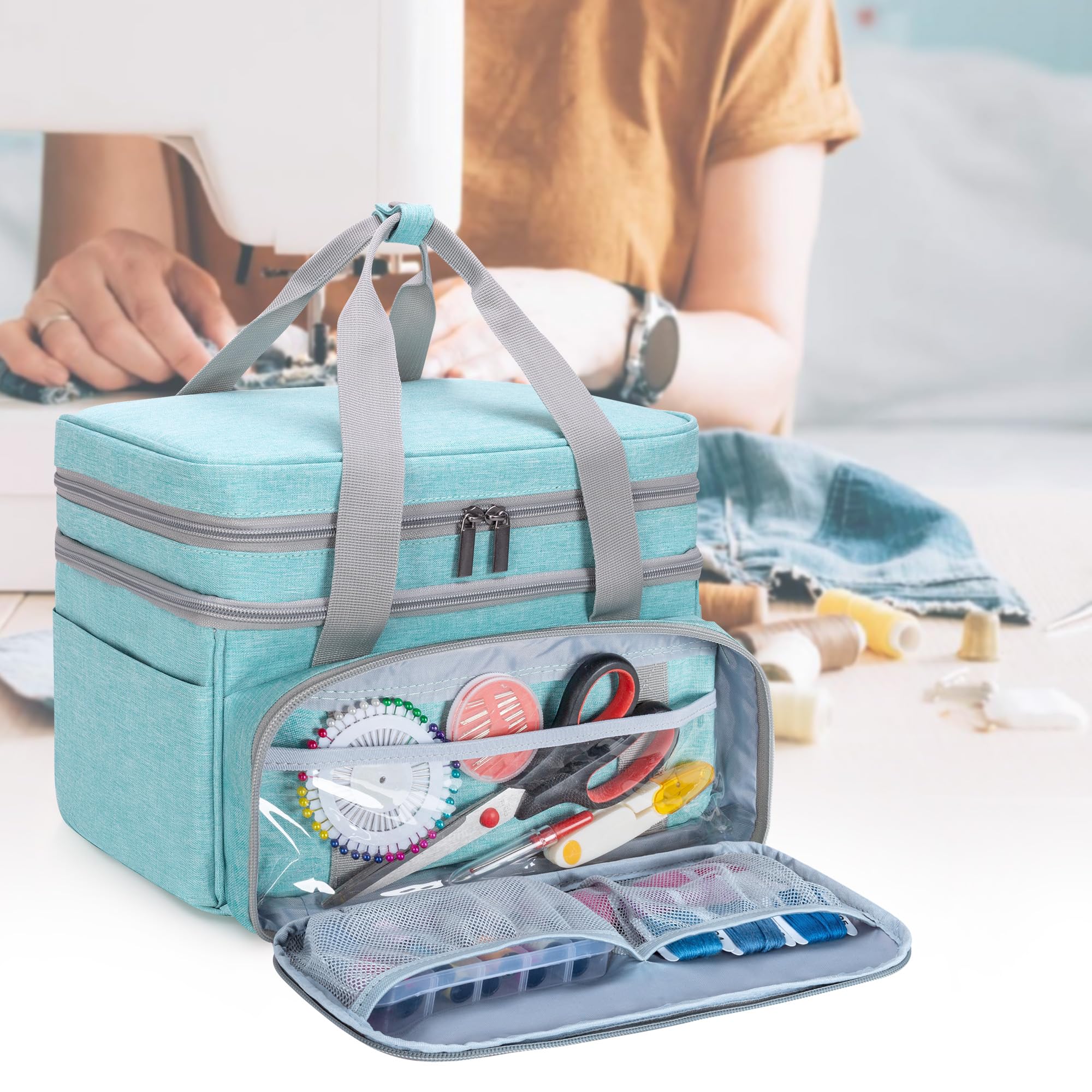 BAFASO Doppelschicht Nähset-Tasche mit Großraum und Viel-Fächer - Nähzubehör-Organizer für Häkelnadel, Nähgarn und Nähwerkzeuge, Grün