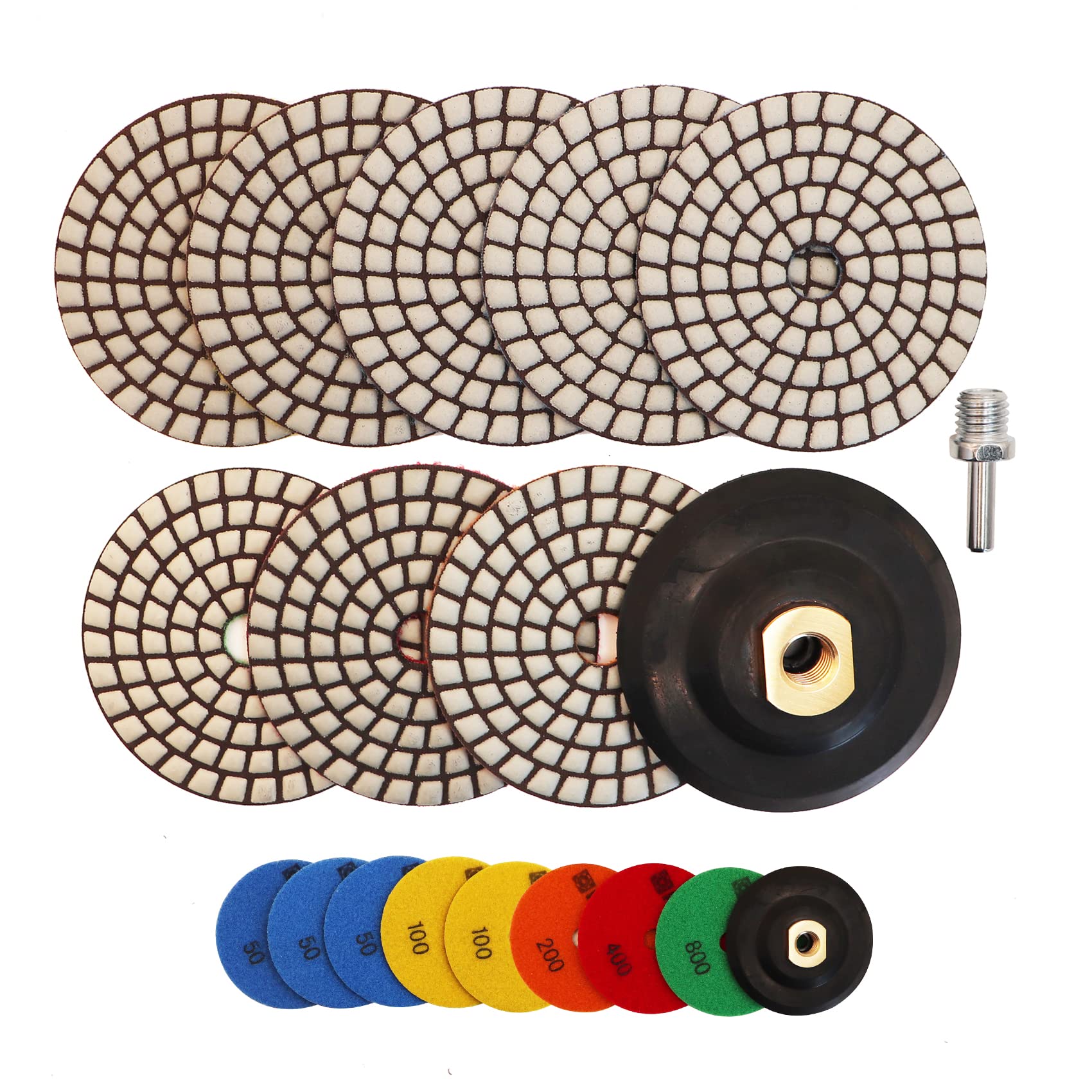 HIGHDRIL Disque de Polissage Diamant - 8PCS (#50x3/#100x2/#200/#400/#800) 100MM avec Support en Caoutchouc + Adaptateur M14 pour Granit Pierre Marbre Kit de Polissage pour Perceuse Meuleuse Polisseuse
