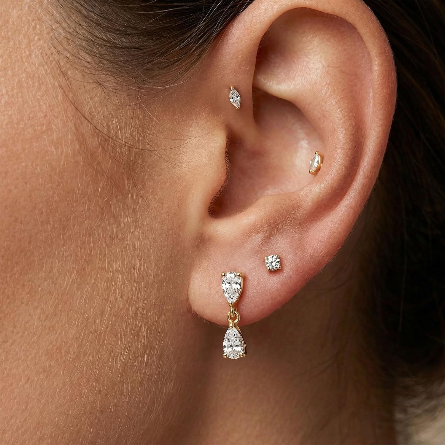 ASHINE 14K Gold Plated Dangle Flat Back Earrings | Sterling Silver Posts Dainty Double Stone Multi-Shape Earring | Tragus Cartilage Piercing Jewelry for Women