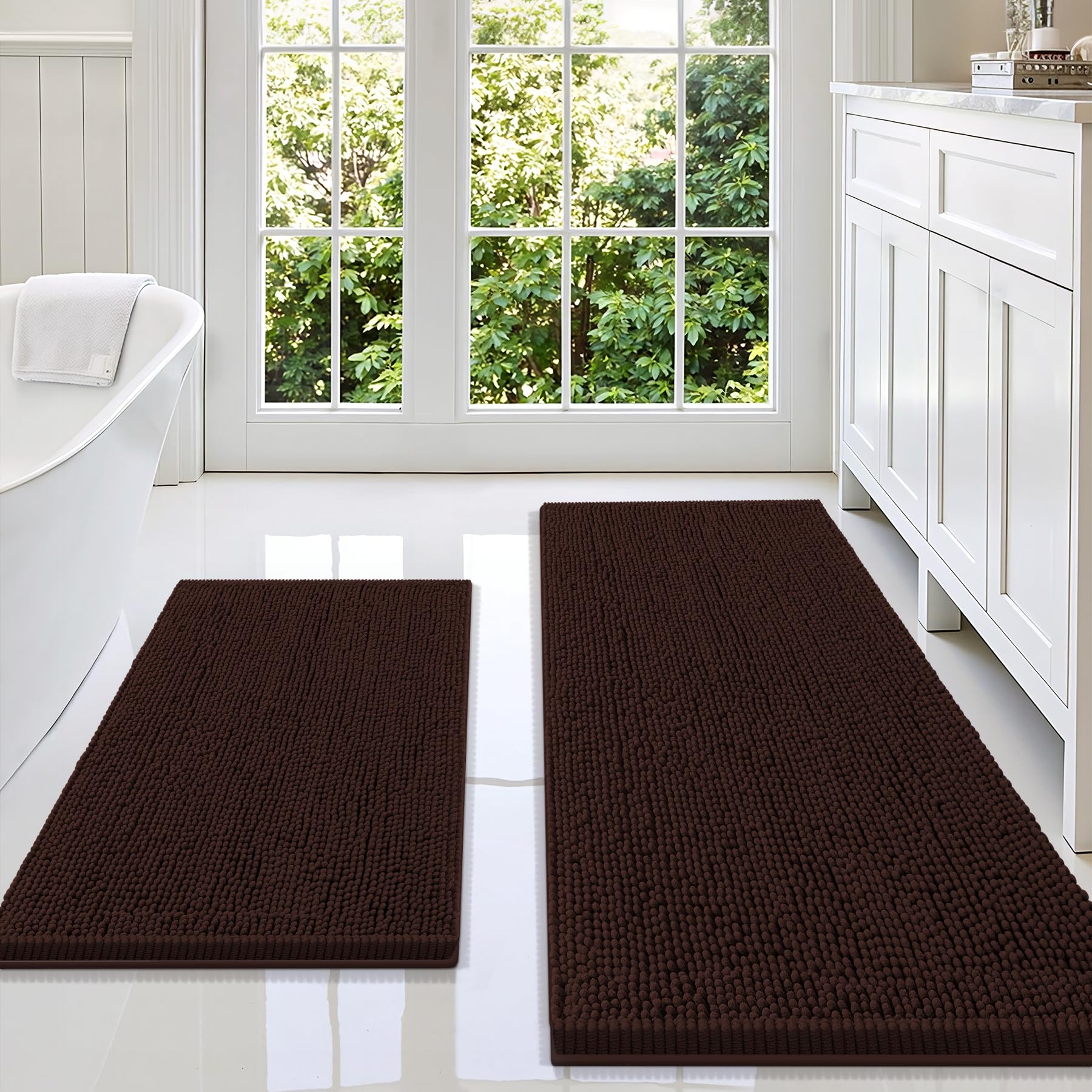 Smiry Chenille Bathroom Rugs Sets 2 Piece (59x20+30x20, Brown)