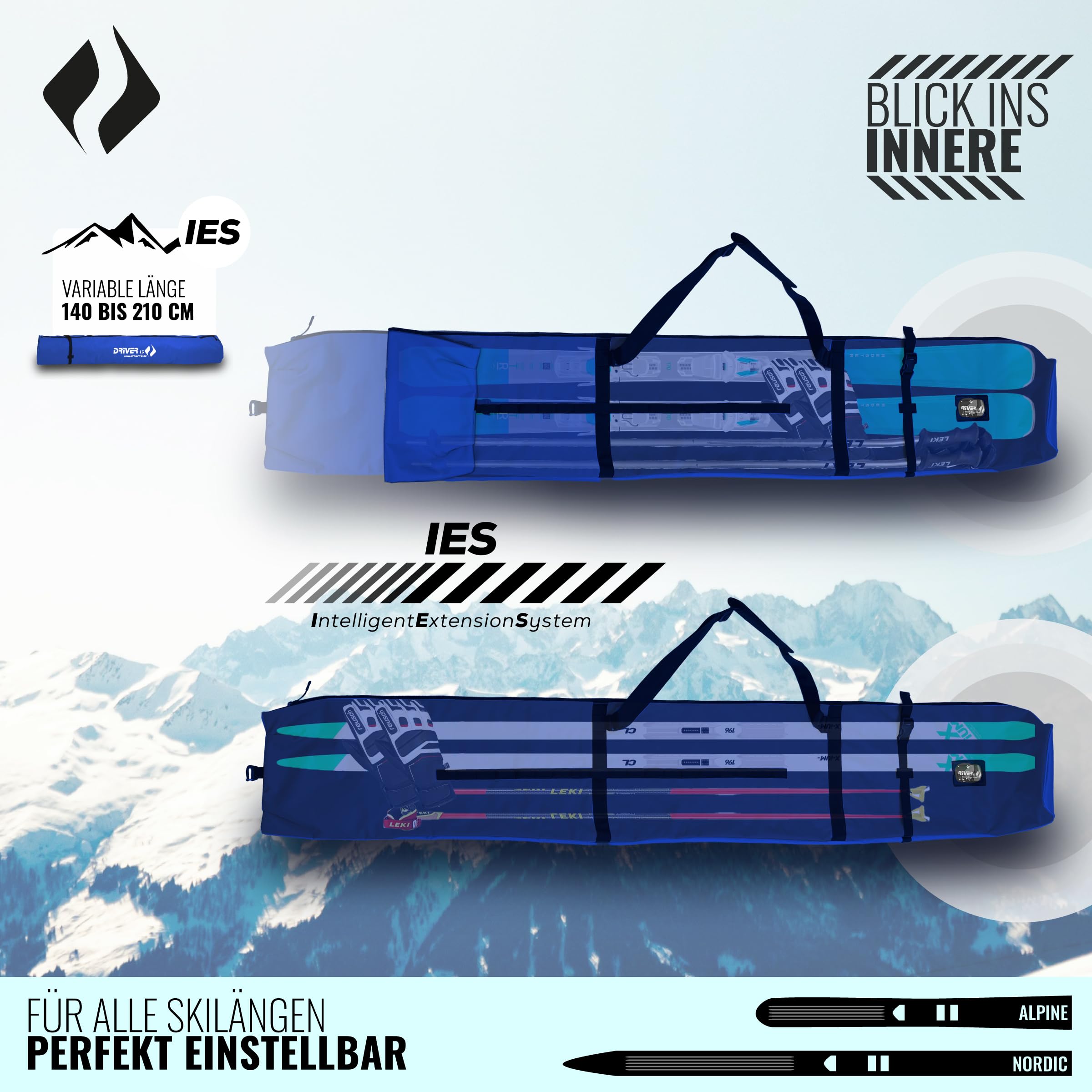 Driver13 Skitasche Skisack für Ski und Skistöcke, längenverstellbar, Tasche für Transport und Aufbewahrung beim Skifahren