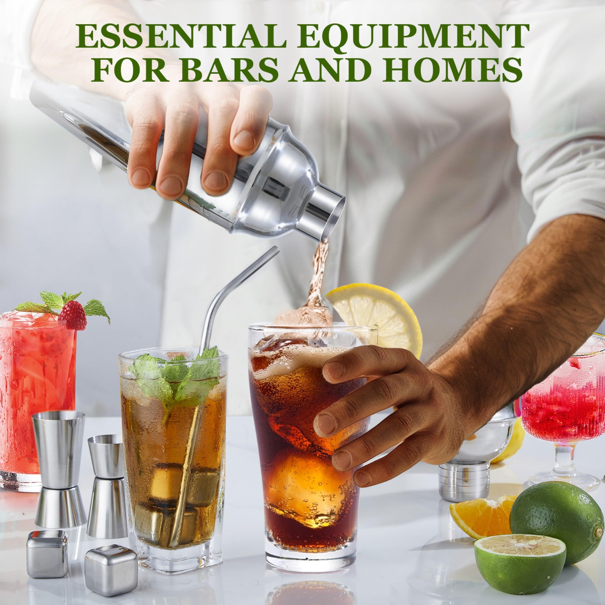Ensemble Shaker à Cocktail, 23 pièces en Acier Inoxydable avec Support en Acrylique et livret de Recettes de Cocktails, Outils de Bar Professionnels pour mélanger Les Boissons, Maison, Bar, fête