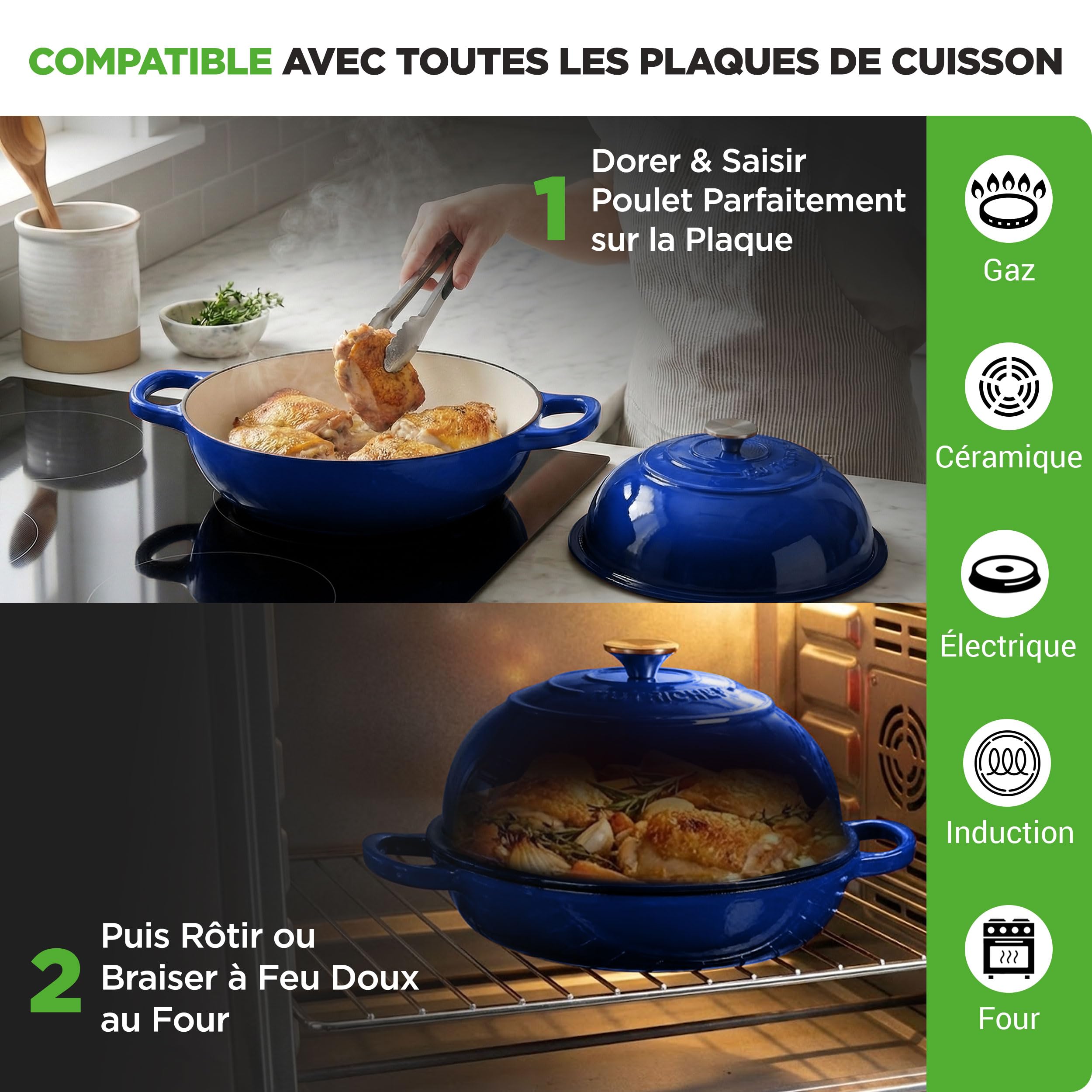 NutriChef Four à Pain en Fonte Émaillée avec Couvercle Dôme – Cocotte Dutch Oven 26 cm pour Pain au Levain, Pain Artisanal, Ragoût, Cuisson Vapeur, Four 260 °C, Compatible Induction, Gants Silicone