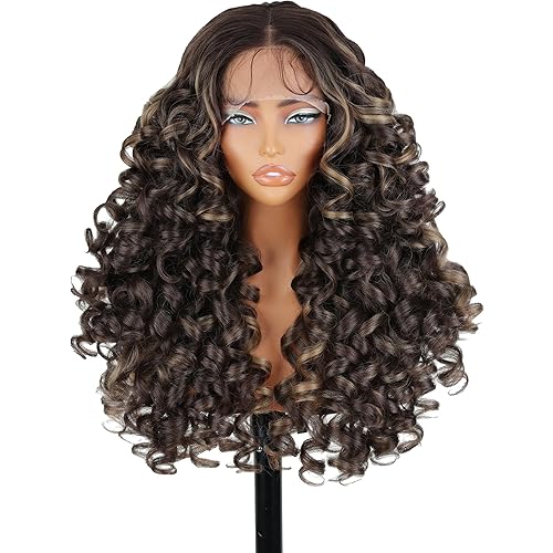 SOKU Long Curly Lace Front Wig for Black Women Highlight 13x4x1 Synthetic Lace Front Wigs Glueless Pre-Plucked Hairline with Baby Hair 22 Inch Heat Resistant (Highlight Brown)