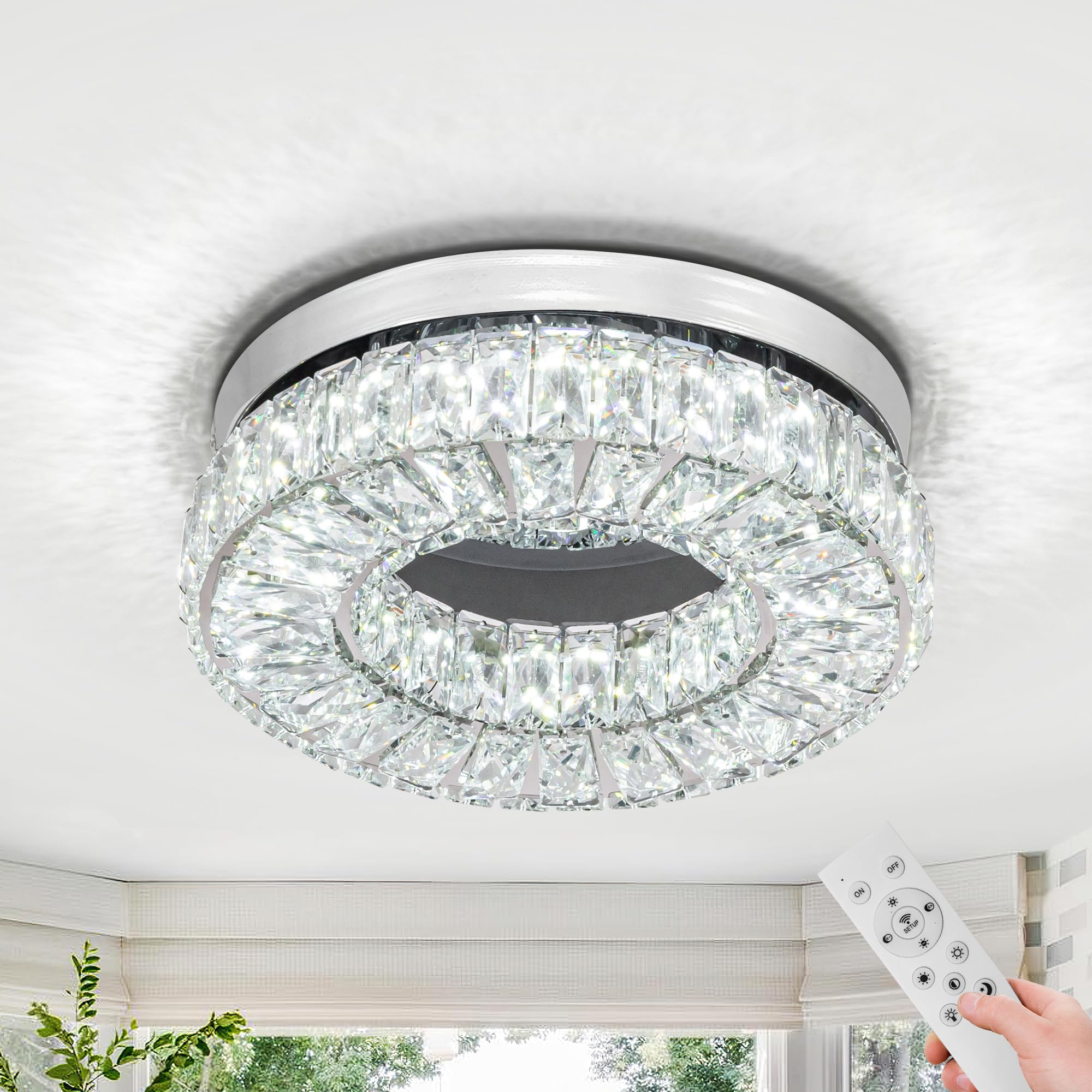 HomLaiting 11.8” Crystal Ceiling Light Fixture, Dimmable 2500K~6500K Flush Mount Ceiling Light, Modern Round LED Small Chandeliers for Bedroom
