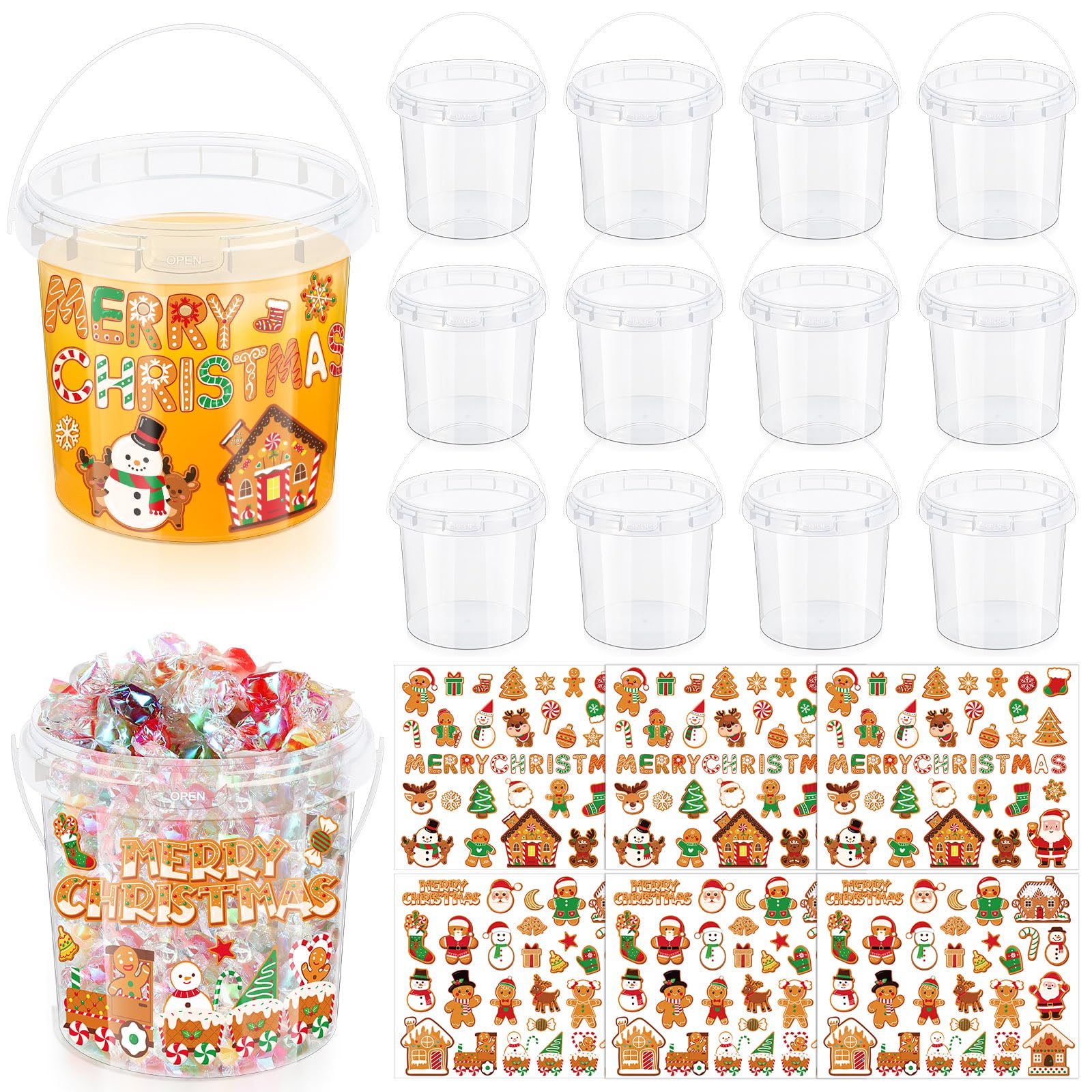 12 Pcs 34 oz Christmas Plastic Buckets with 150 Gingerbread Stickers Drink Buckets with Lids and Handles Rum Cocktail Buckets Christmas Gift Bucket for Cookies Candy Xmas Winter Party Supplies