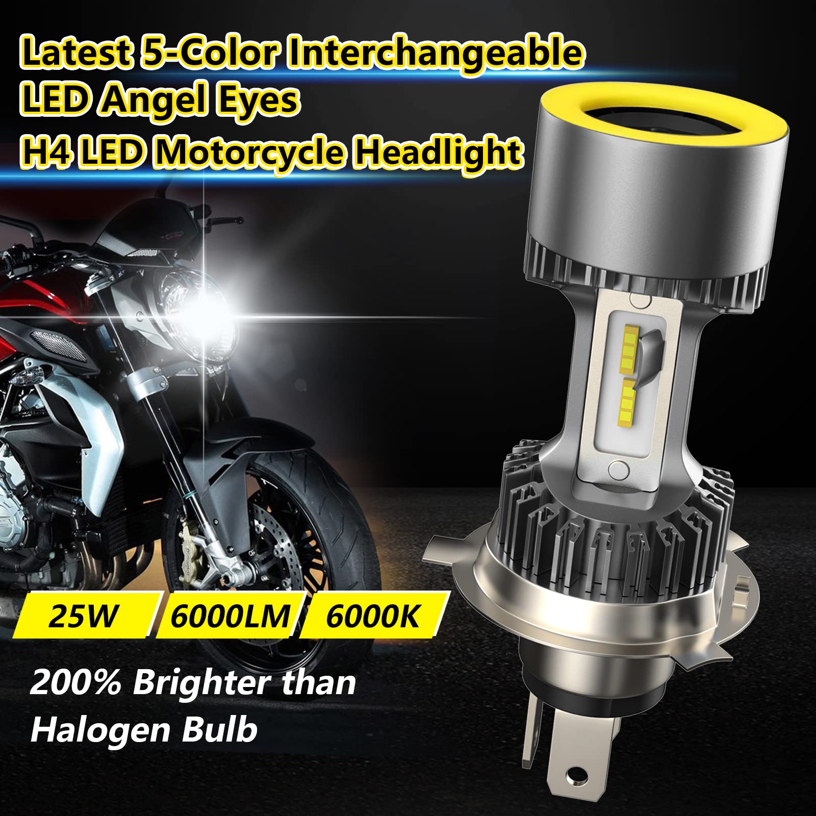 AMOLUO HS1 H4 LED Lampadina Per Fari Moto,Occhi Angelo Intercambiabili a 5 colori,25W DC9-36V Dotato di 4 Aperture Blu,Rosso,Giallo e Verde,Grigio 1 Lampada