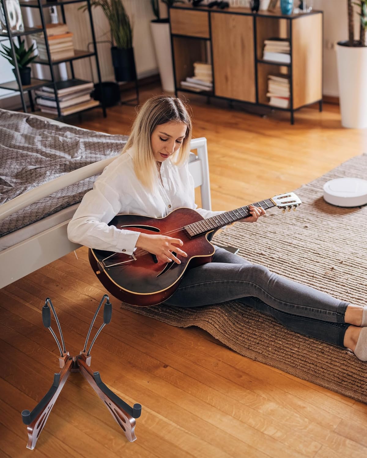 Guitar Stand, Acoustic Guitar Stand Foldable with Padded Foam, Black Walnut Wood Guitar Holder for Acoustic, Electric, Bass, and Cello, Wooden Cello Holder Floor for Home and Studio Display