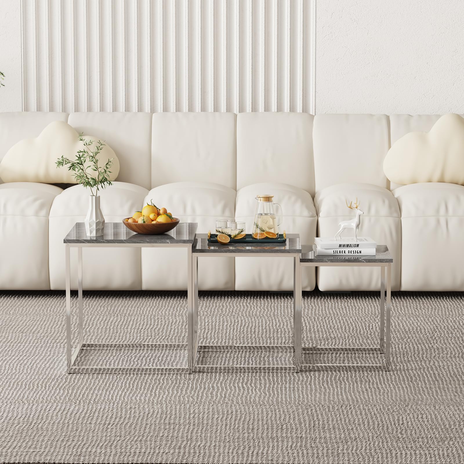 Quadratische Beistelltische 3er Set, Satztische fürs Wohnzimmer Couchtisch Wohnzimmertisch Set, Hochglanz Optik, Verchromtes Metallgestell, Stapelbar (Beton Grau)