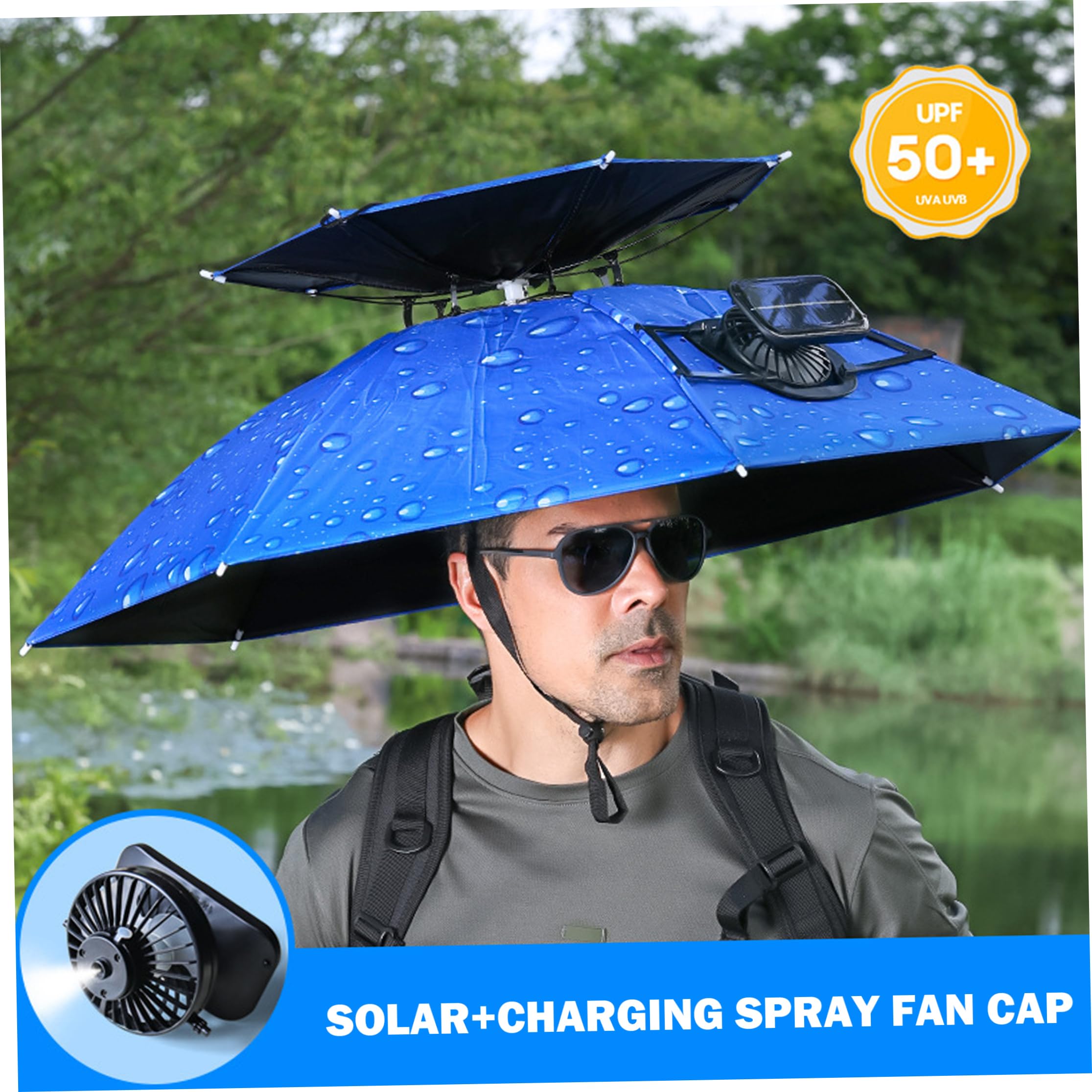 Escursionismo in Campeggio, Cappello a ventaglio a energia Solare, Confezione da 1, Pieghevole, Blu, Taglia Unica