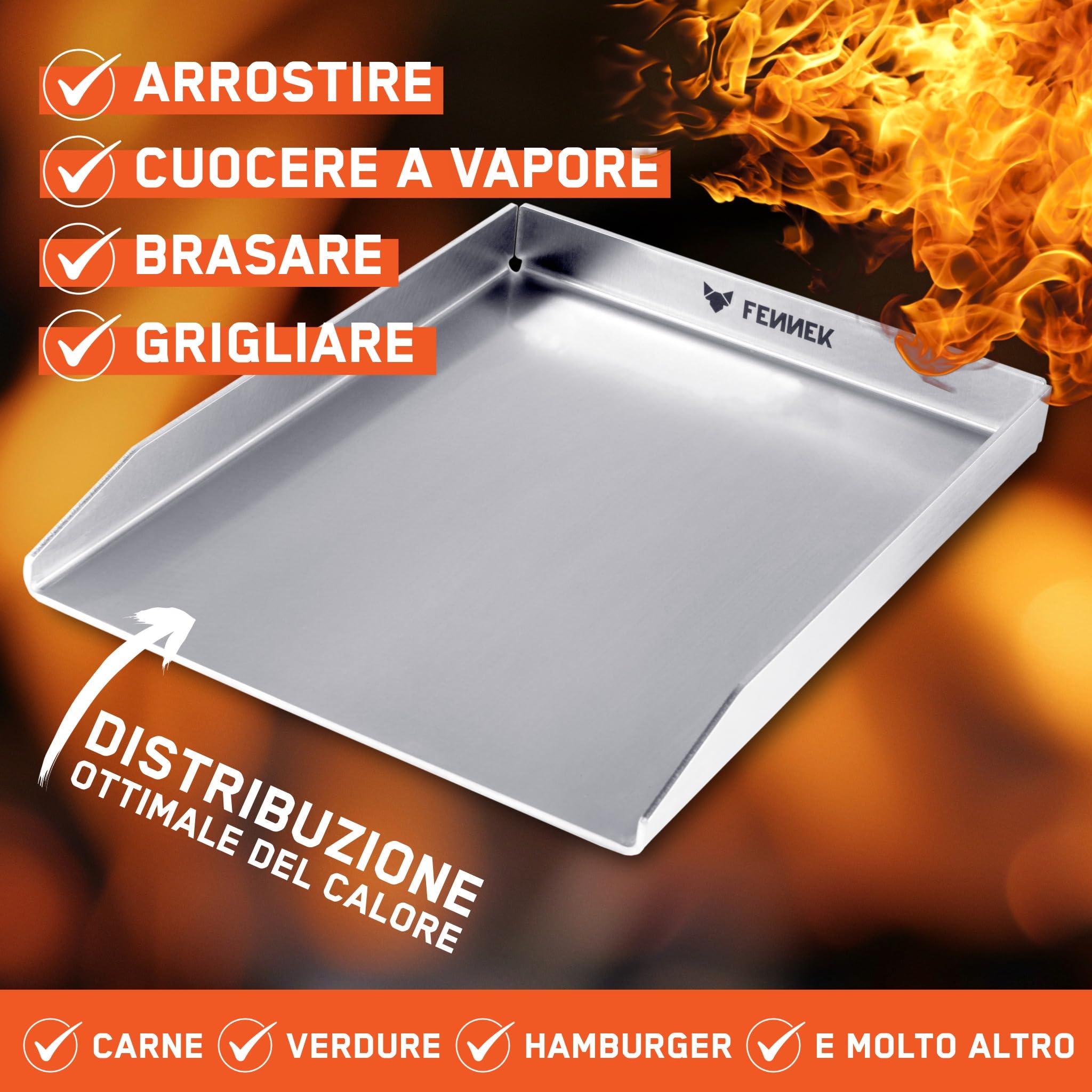 FENNEK Piastra per barbecue Teppanyaki, 40 x 30 cm, senza bordo anteriore, universale, adatta per molti barbecue a gas, in acciaio inox da 4,0 mm, lavabile in lavastoviglie, prodotta in Germania