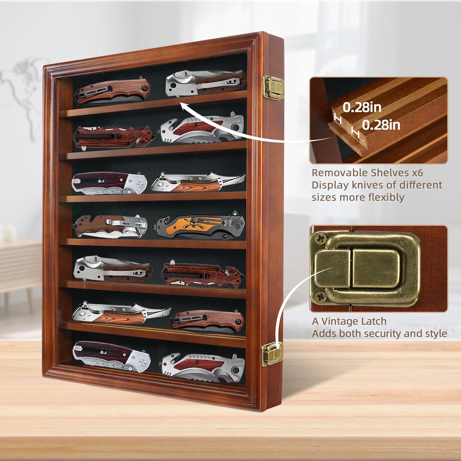 Pocket Knife Display Case 7 Rows Lockable Wooden Knife Shadow Box with HD Tempered Glass, Military Folding Knife Cabinet Stand for Wall with Removable Shelves, Walnut