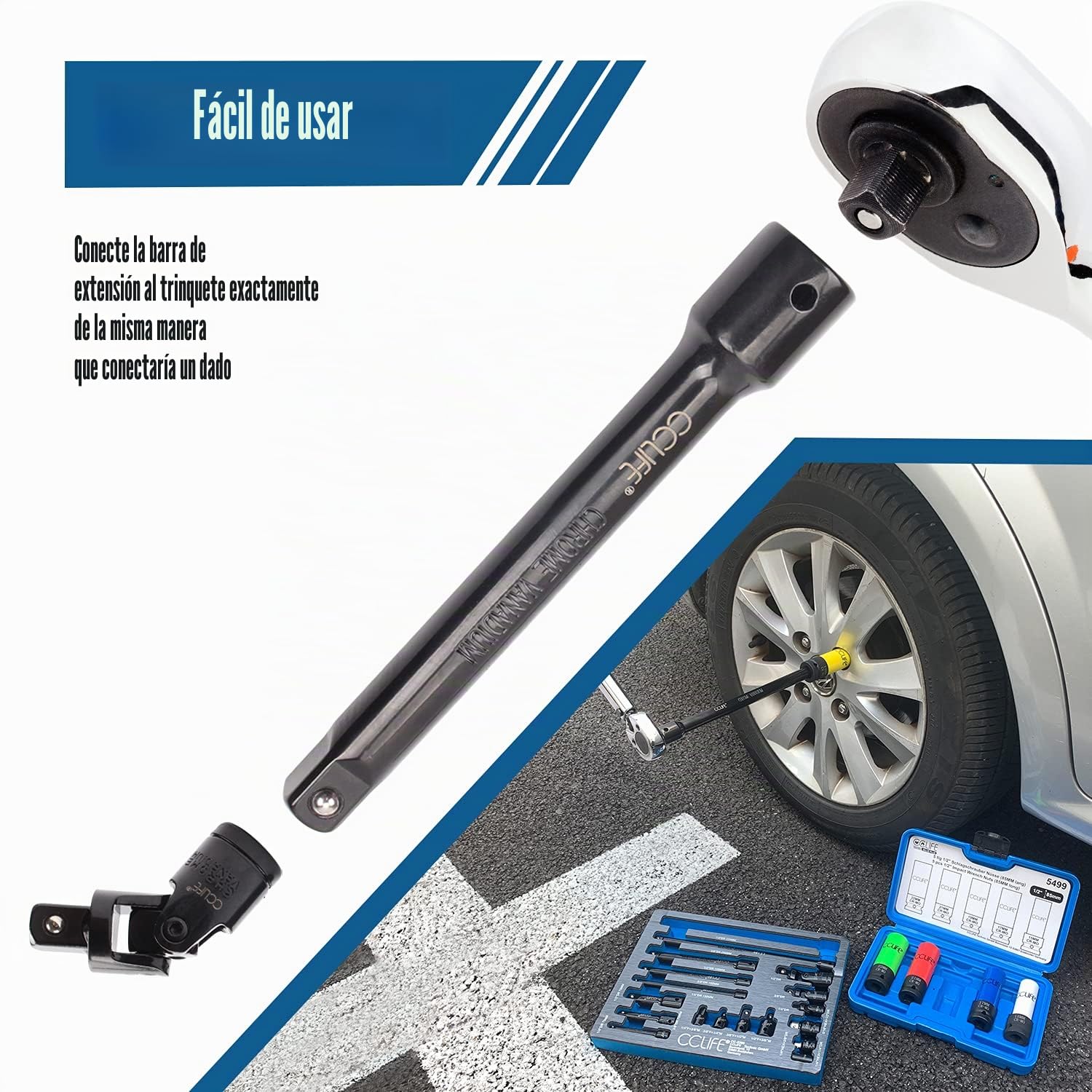 CCLIFE 18 piezas Juego de Alargador Llave Vaso Extensiones Carraca 1/2' 1/4' 3/8' con Junta Universal y Adaptadores,CR-V